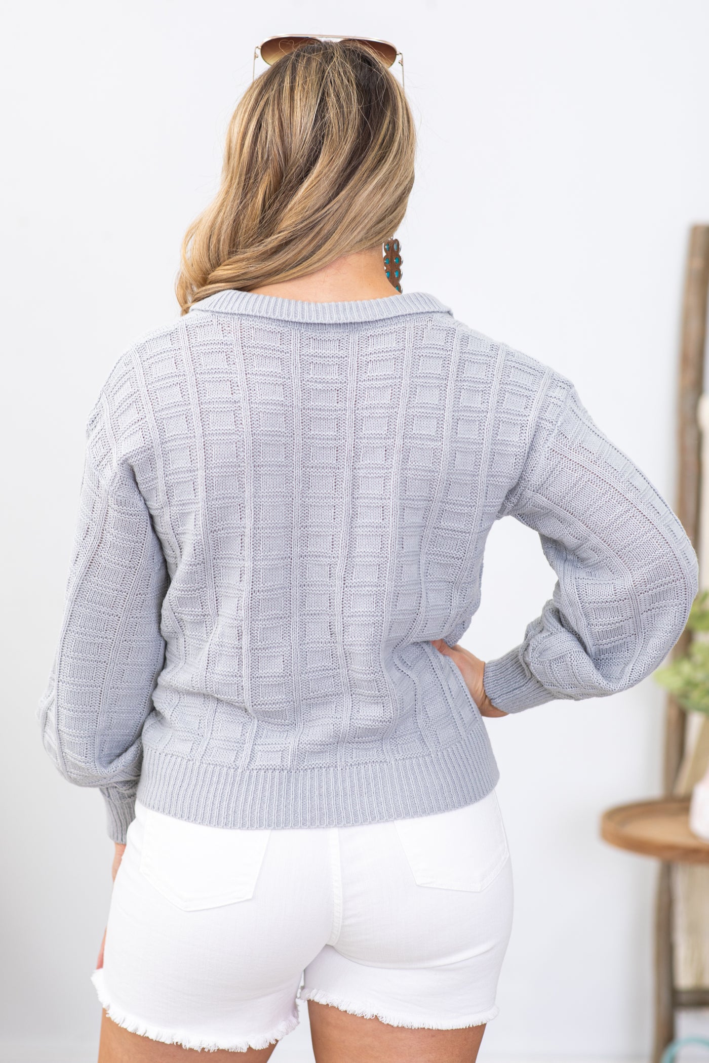 Gray Pattern Knitted Collared Sweater