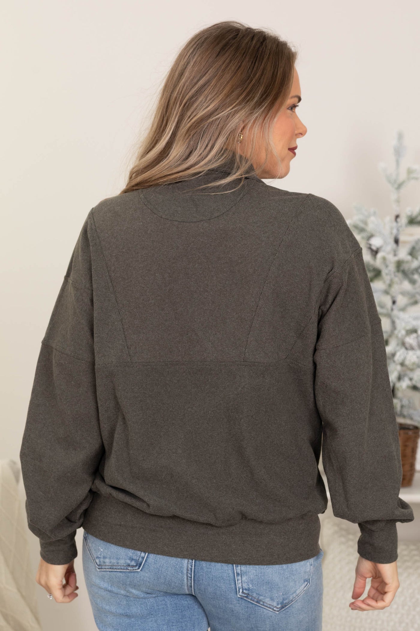 Olive Brushed Rib Quarter Zip Pullover