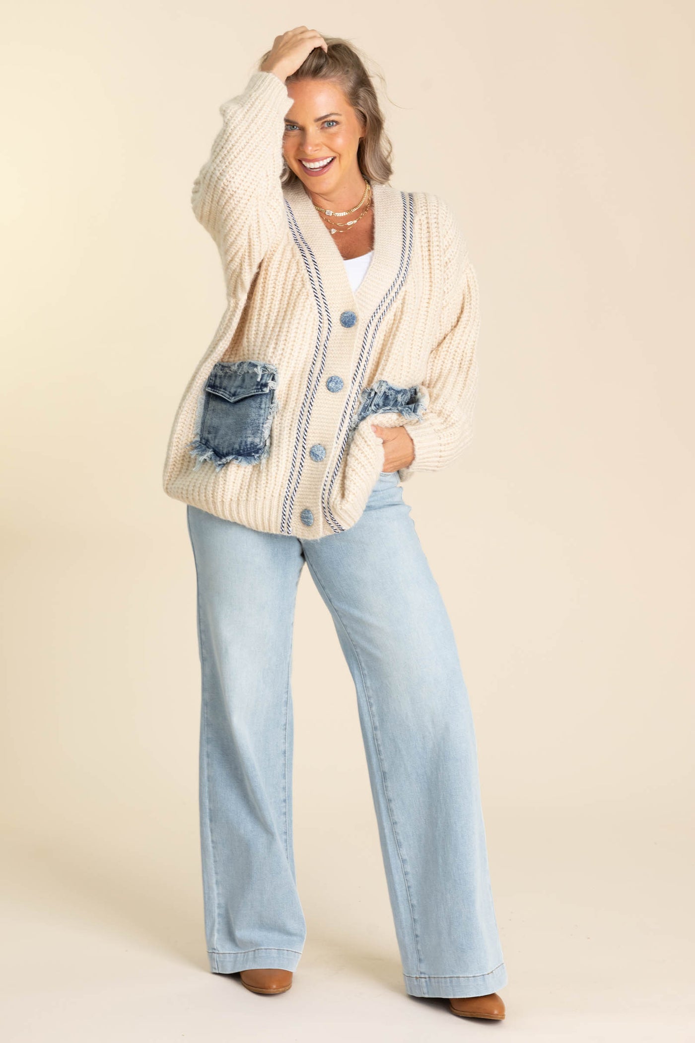 Beige Chunky Cardigan With Denim Patch Pocket