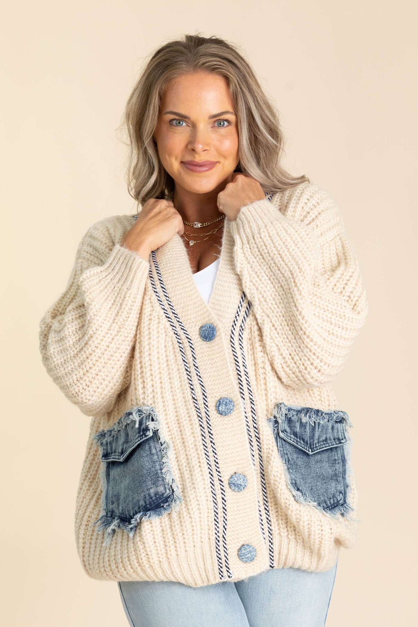 Beige Chunky Cardigan With Denim Patch Pocket