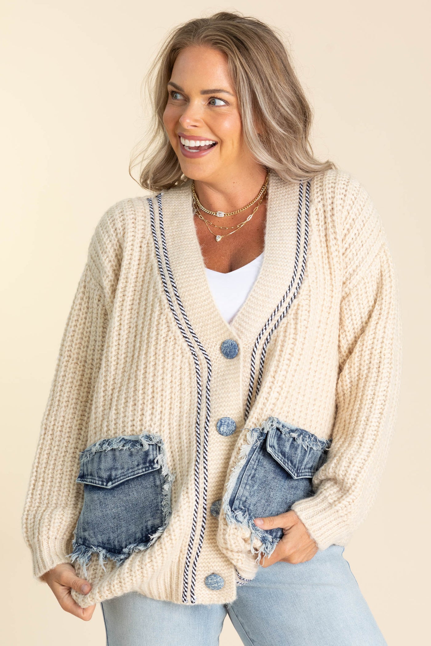 Beige Chunky Cardigan With Denim Patch Pocket