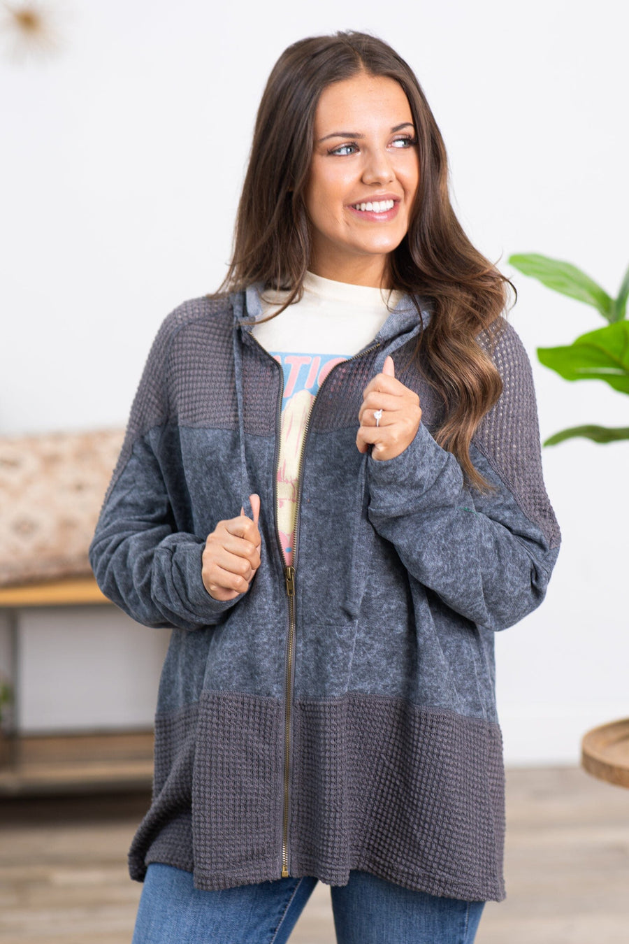 Graphite Washed Colorblock Full Zip Hoodie - Filly Flair