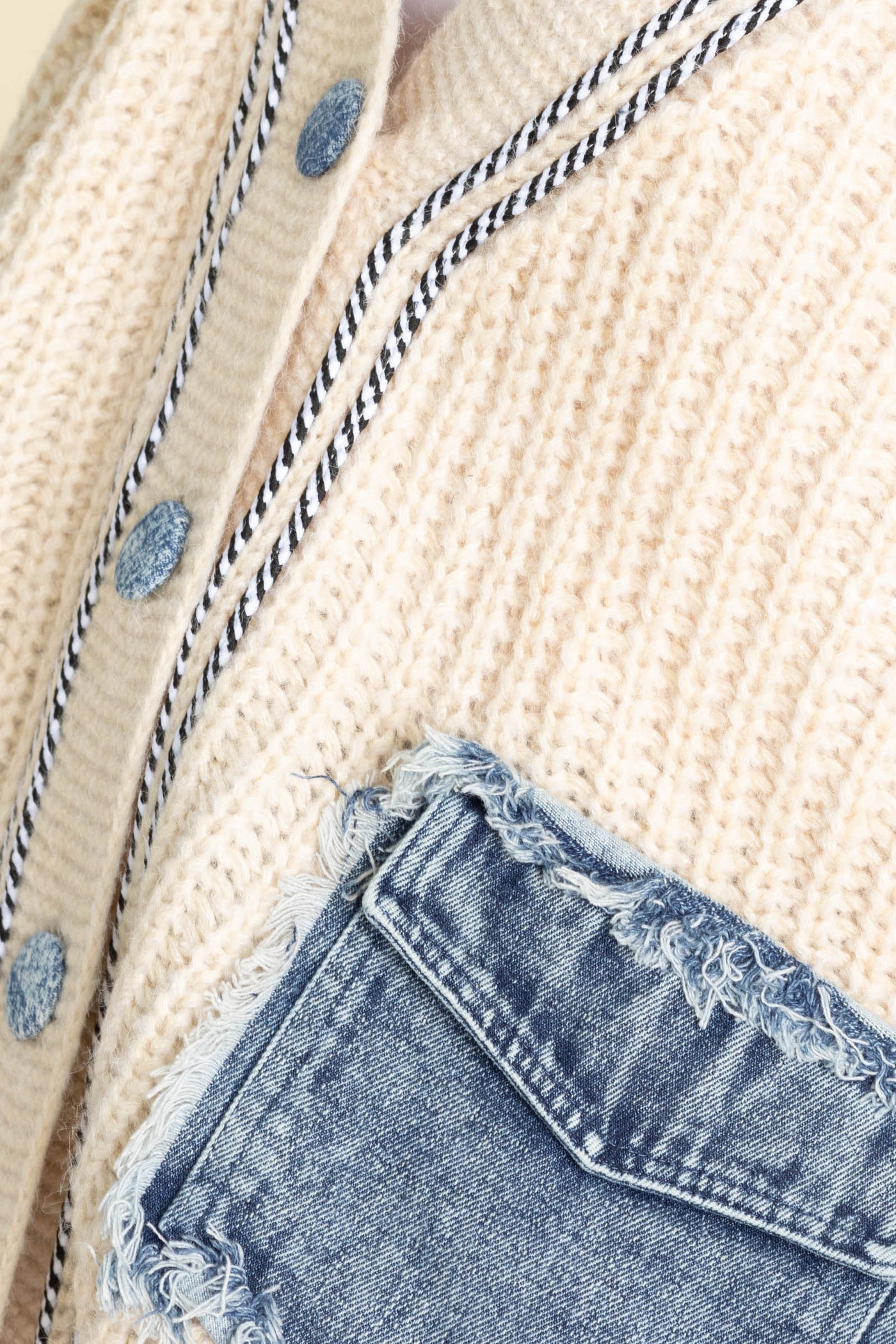Beige Chunky Cardigan With Denim Patch Pocket