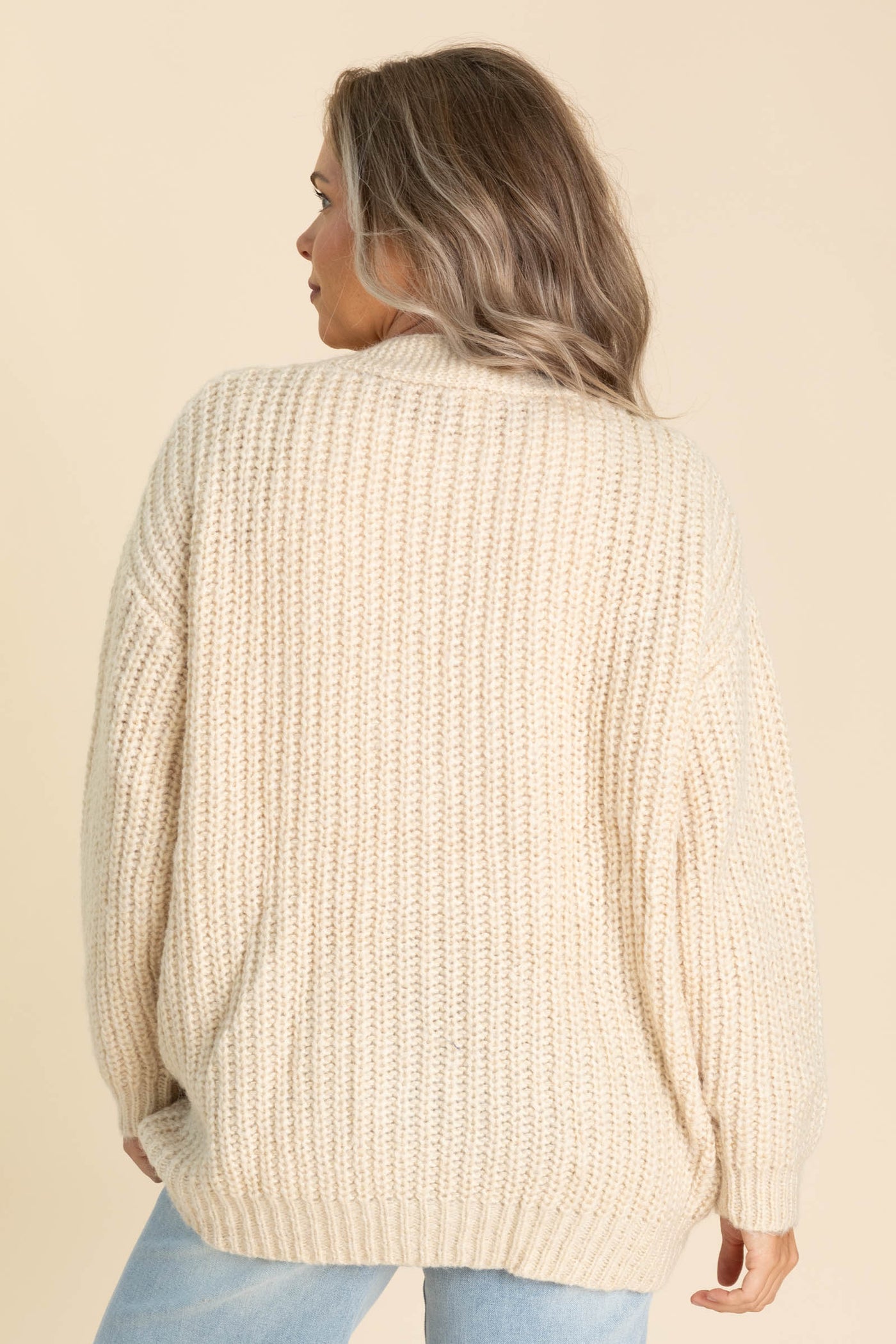 Beige Chunky Cardigan With Denim Patch Pocket