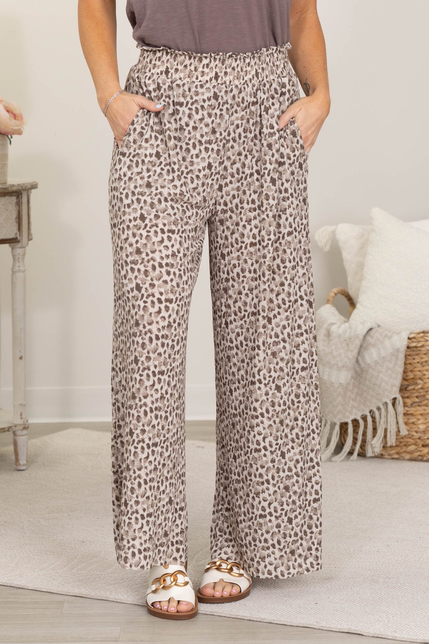 Mocha Wide Leg Leopard Pleated Comfy Pants