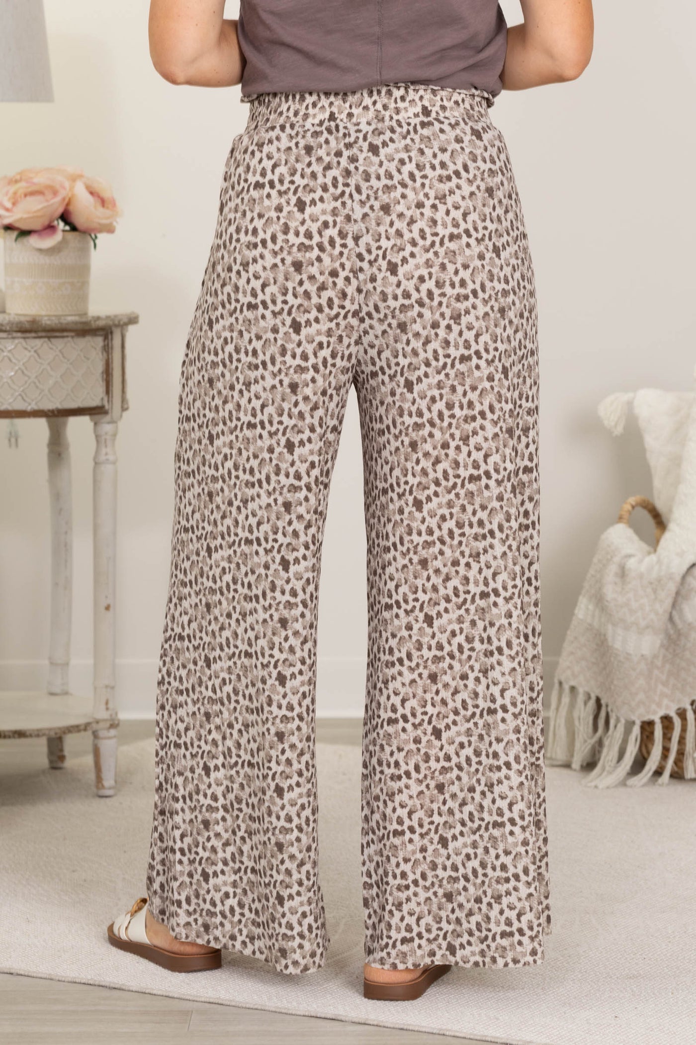 Mocha Wide Leg Leopard Pleated Comfy Pants