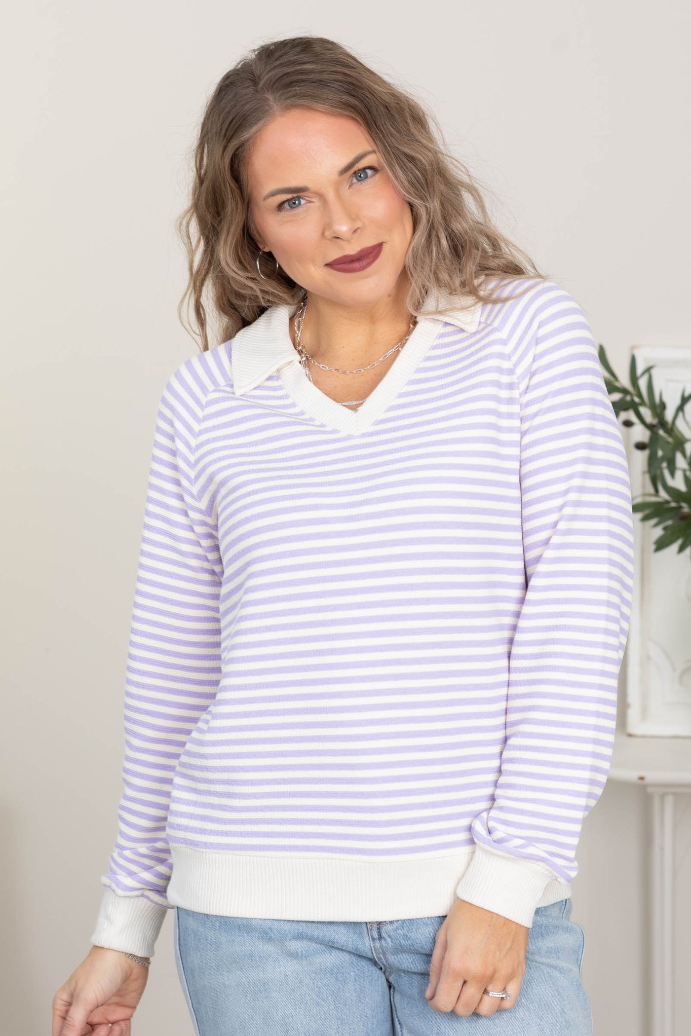 Polo Collar Striped Sweatshirt