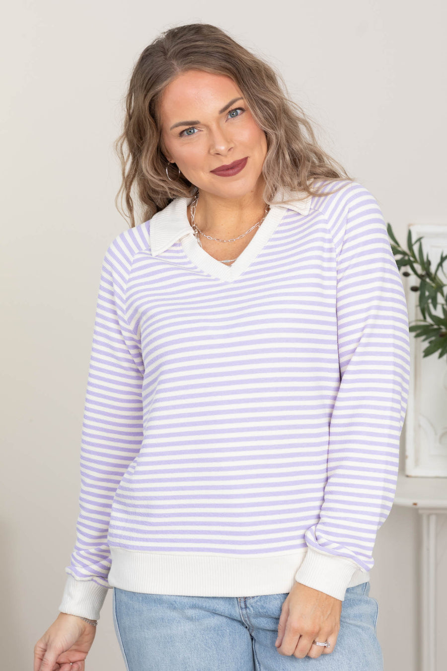 Polo Collar Striped Sweatshirt