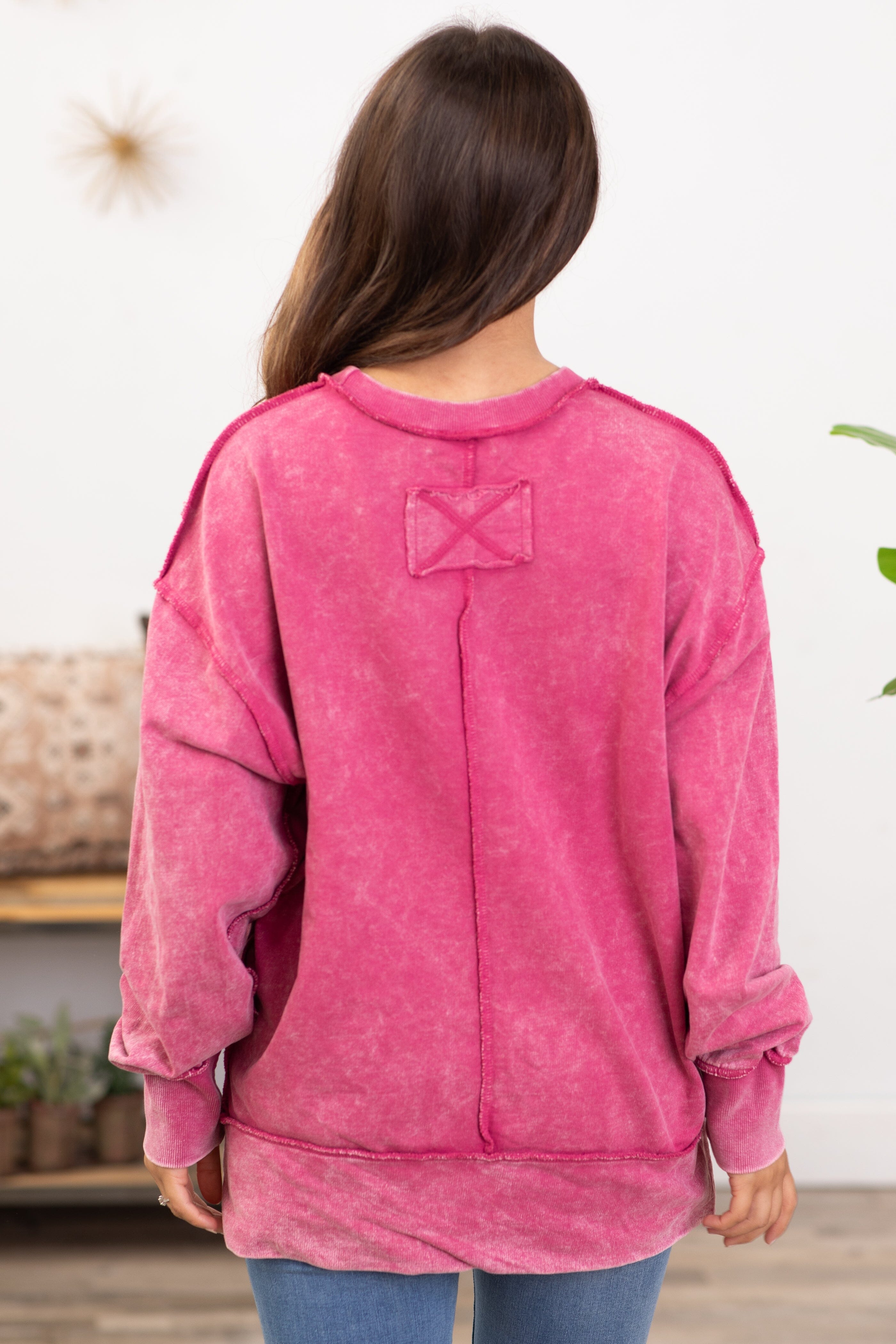 Hot Pink Acid Wash Contrast Seam Sweatshirt - Filly Flair