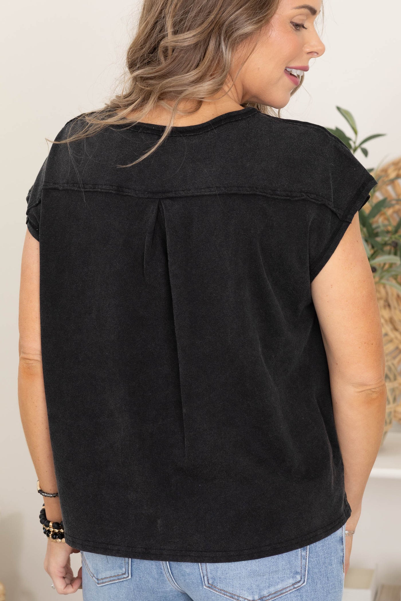 Henley Neck Cap Sleeve Knit Tops