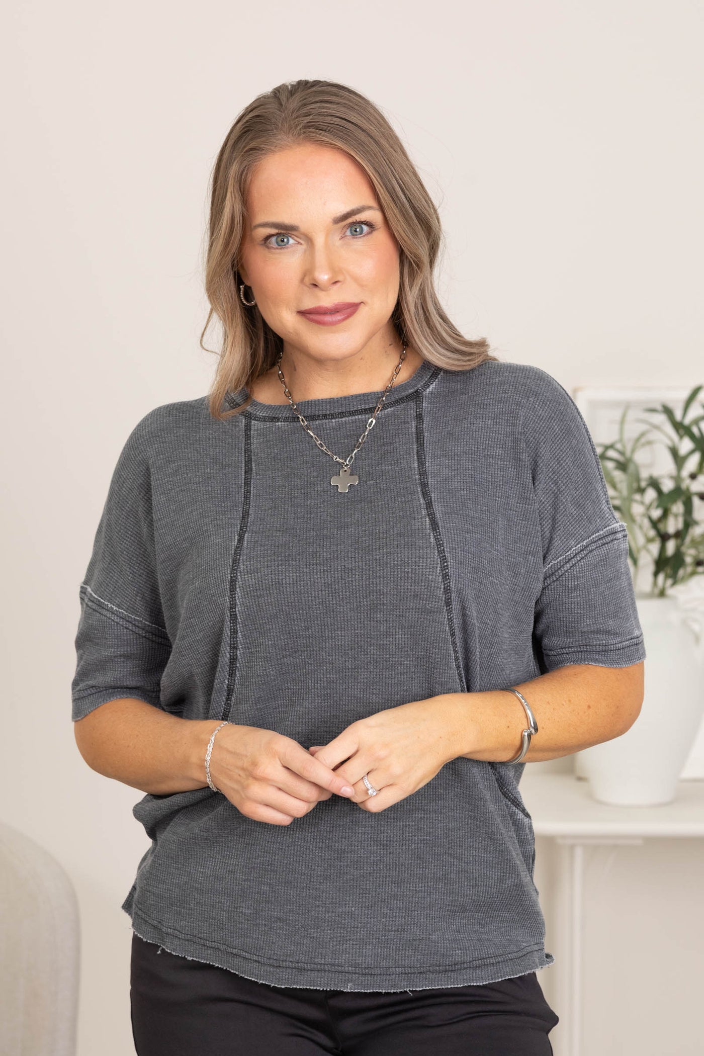 Waffle Knit Tops With Seam Detail