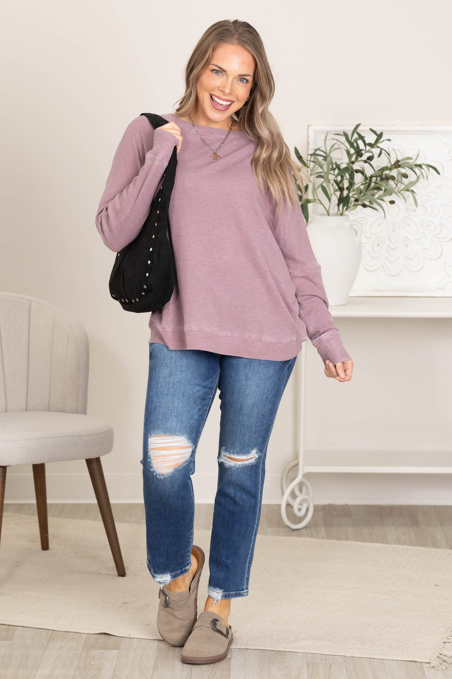 Boyfriend Fit Waffle Round Neck Pullover