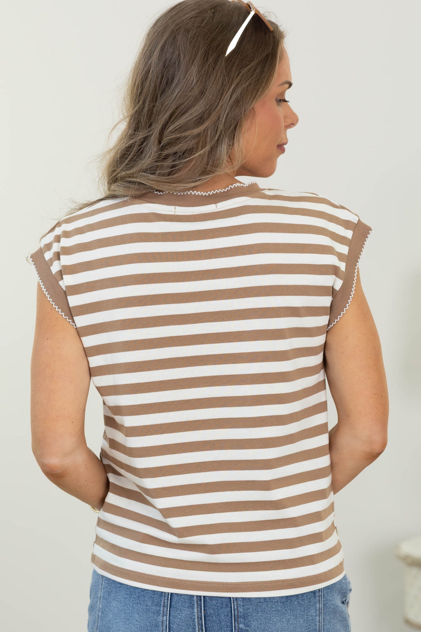 Staccato Taupe Cap Sleeve Cotton Striped Top