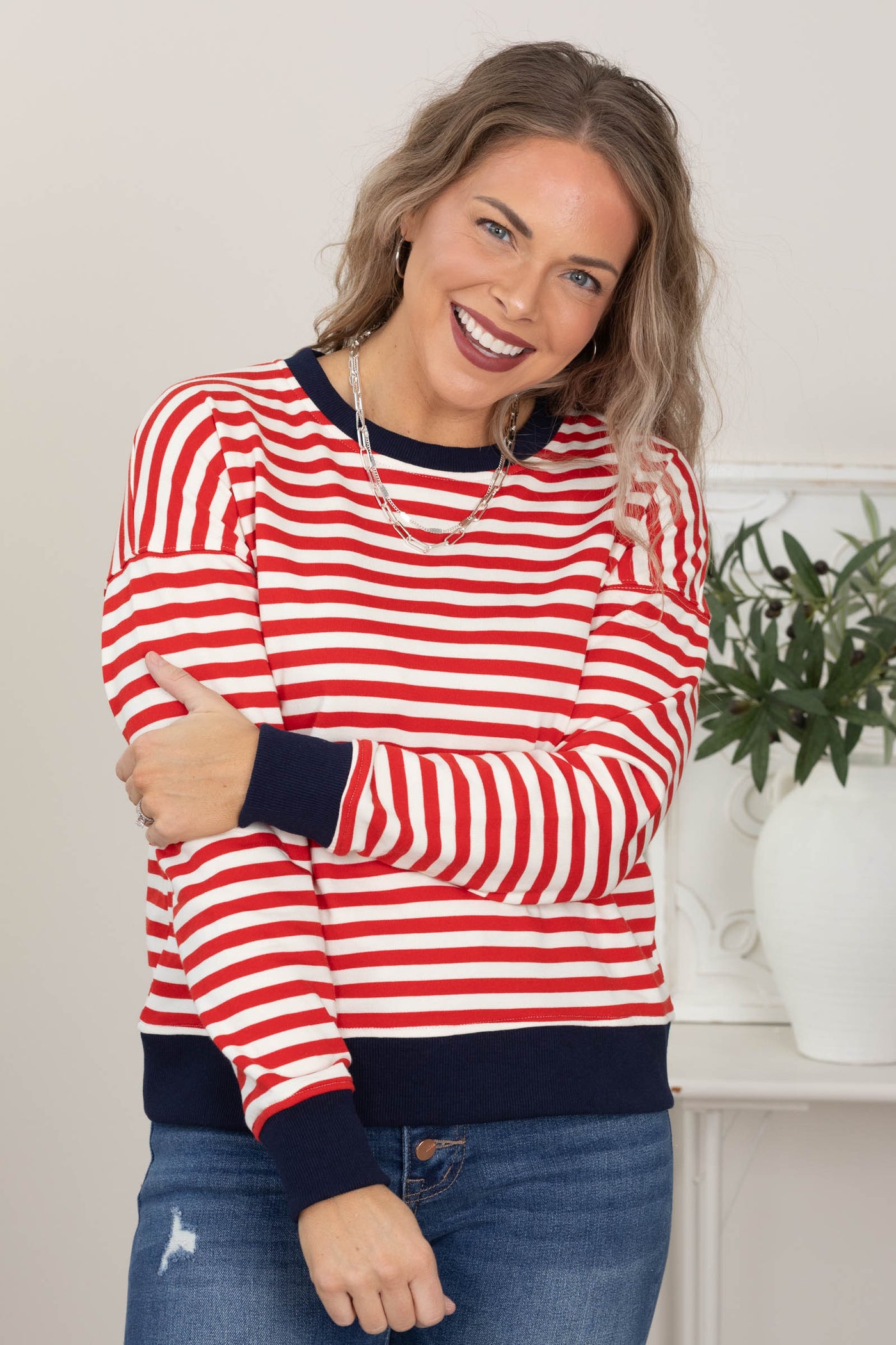 Striped Sweatshirts With Contrast Color Trimmed