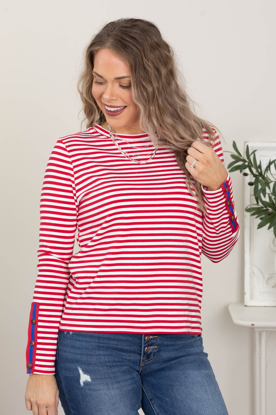 Red Striped Knit Top With Button Detail