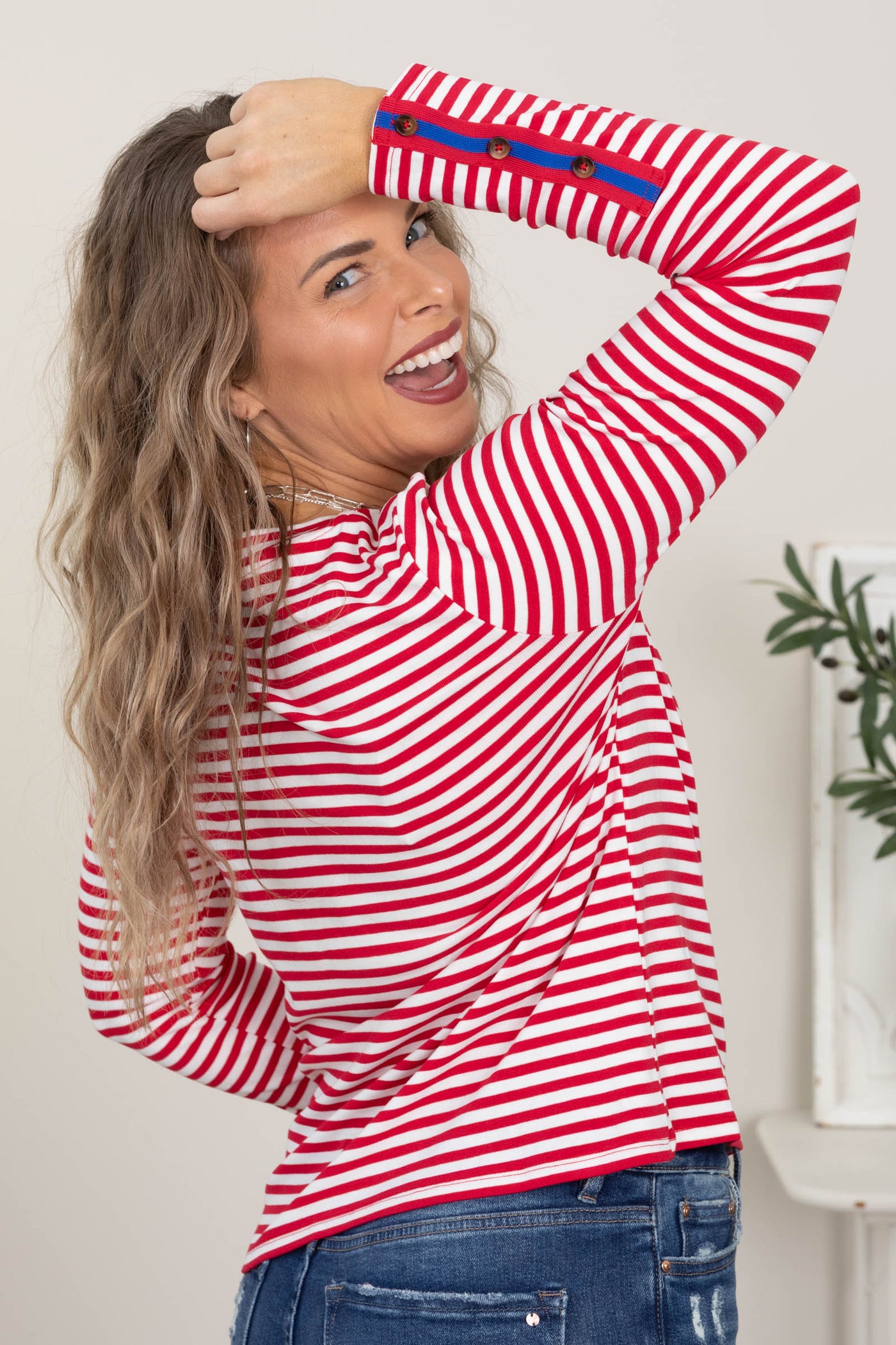 Red Striped Knit Top With Button Detail