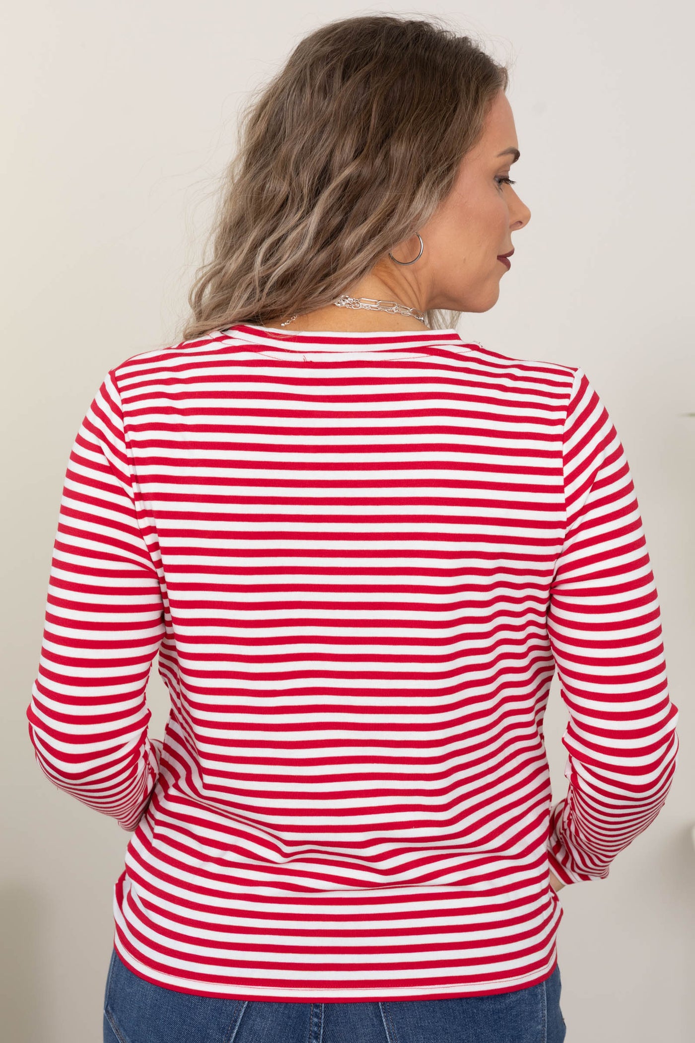 Red Striped Knit Top With Button Detail