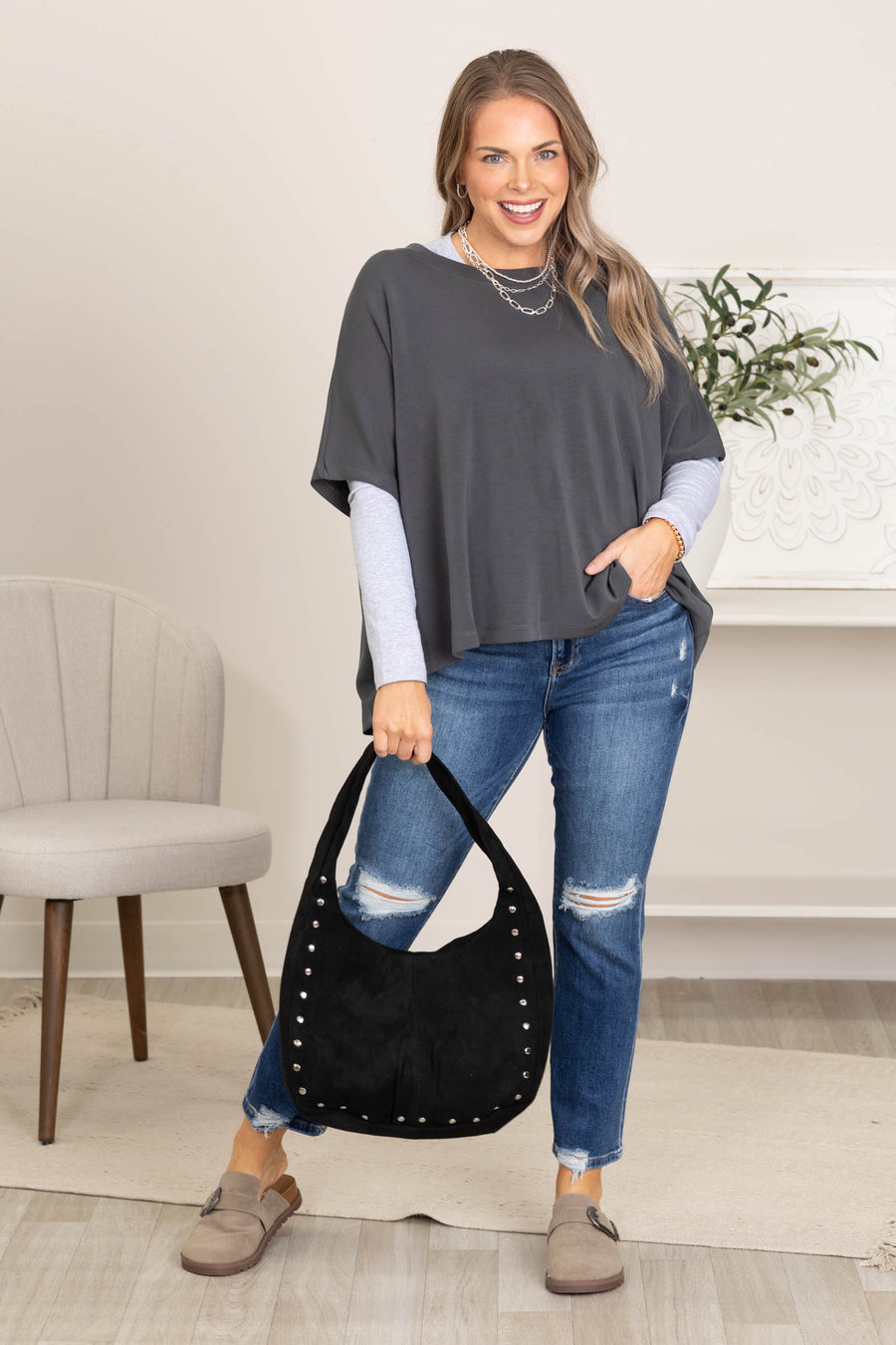 Boat Neck Dolman Sleeve Relaxed Fit Top