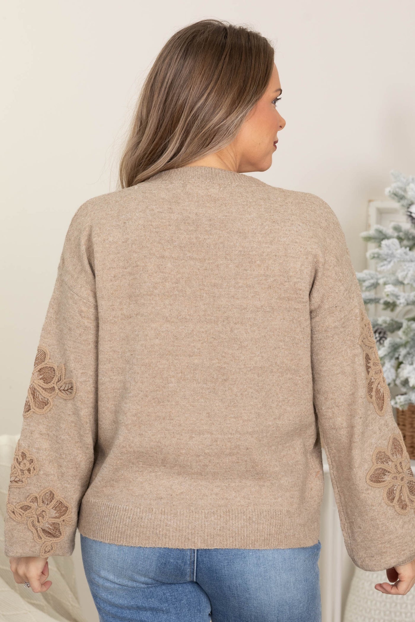 Taupe Embroidered Floral Detail Sweater
