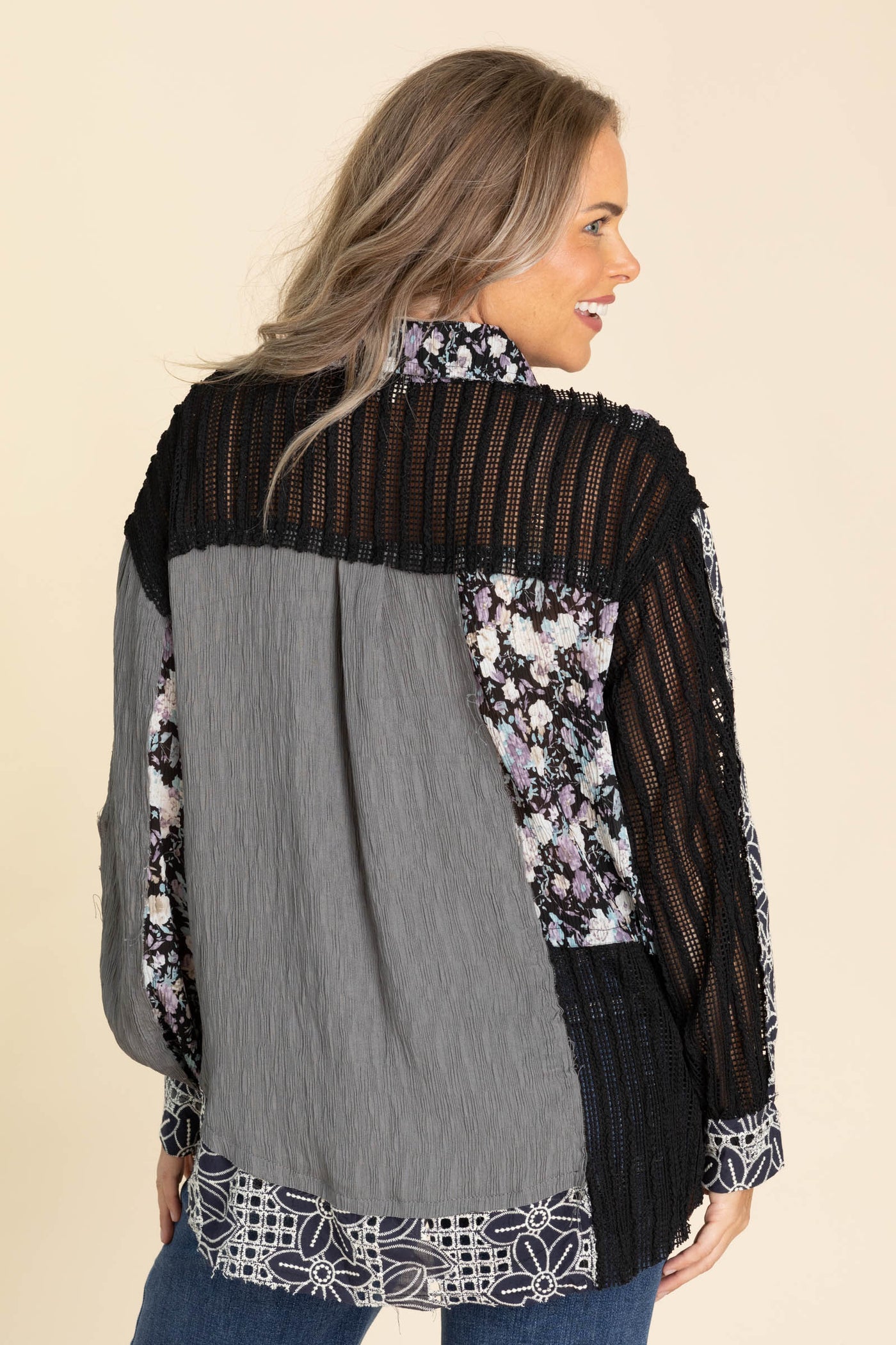 Black And Grey Crochet Contrast Button Up Top