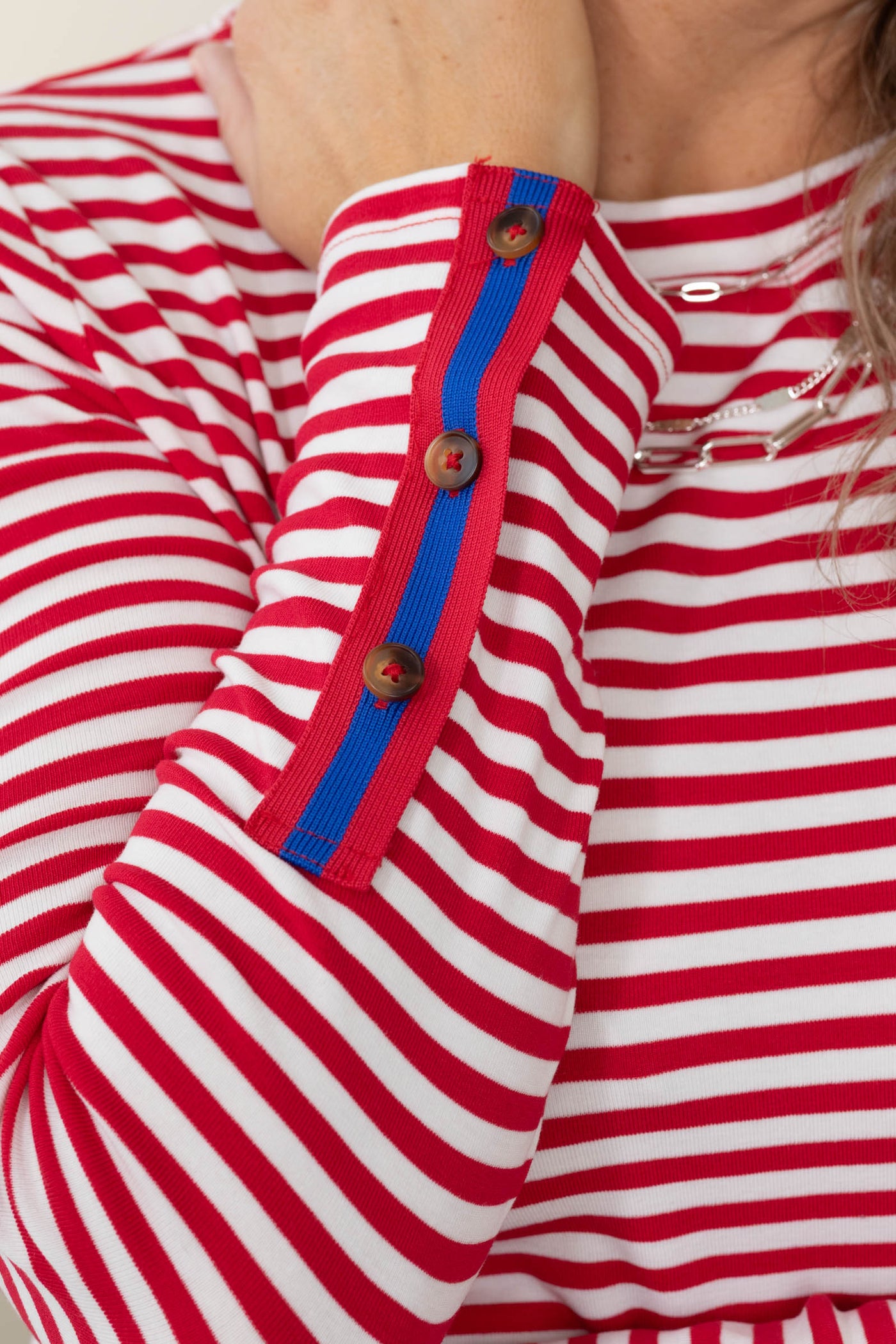 Red Striped Knit Top With Button Detail