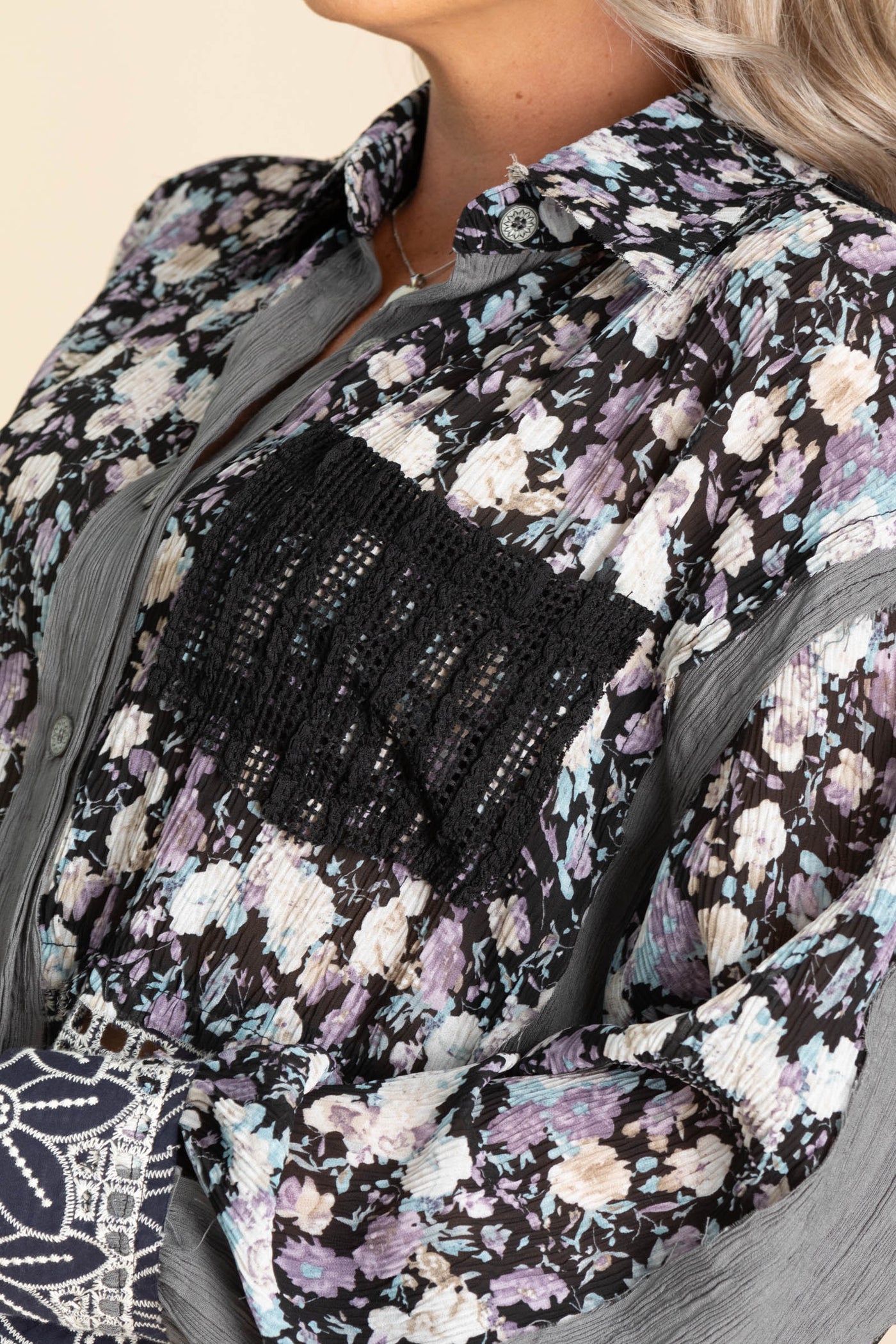 Black And Grey Crochet Contrast Button Up Top