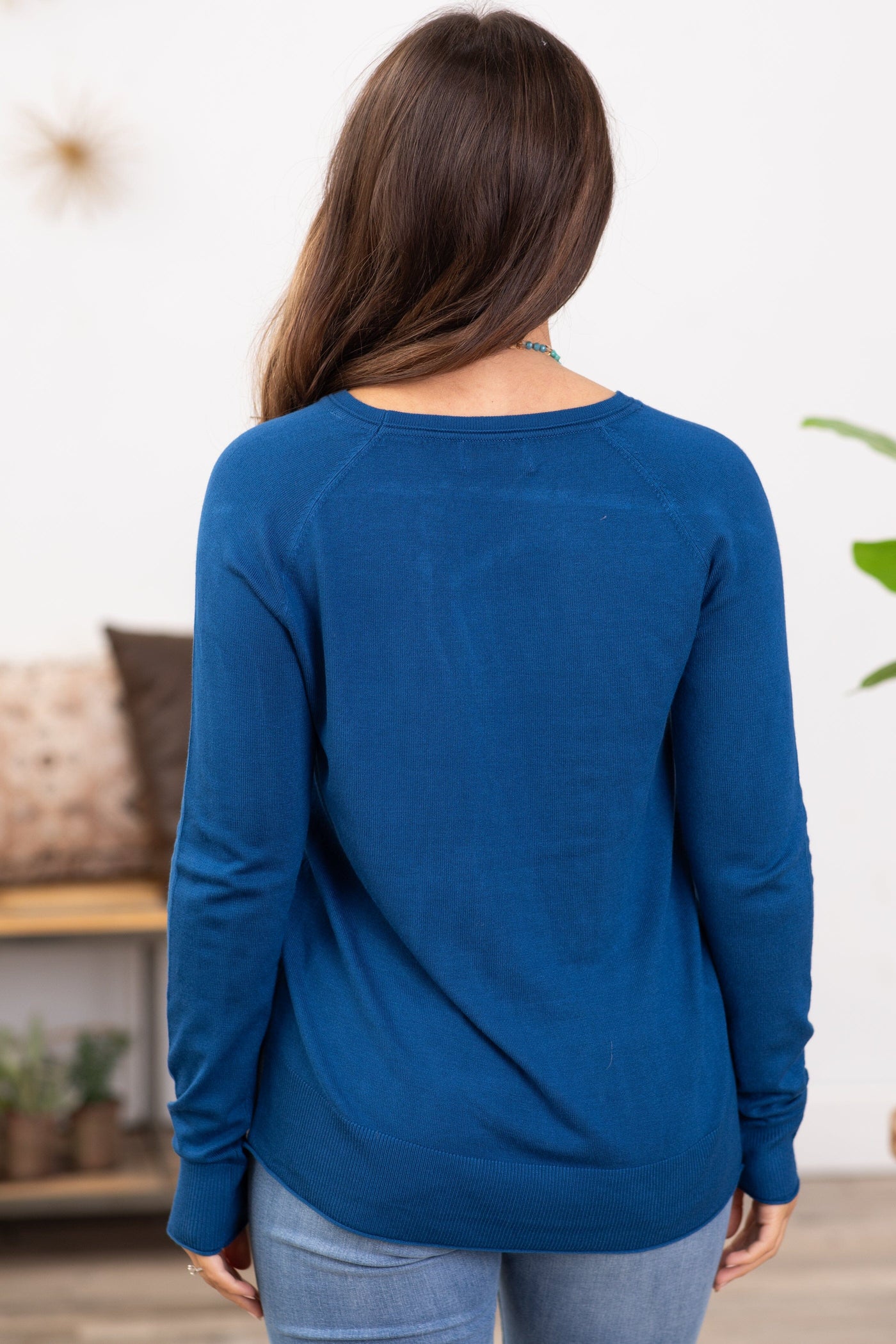 Slate Blue Lightweight Sweater With Side Slit - Filly Flair