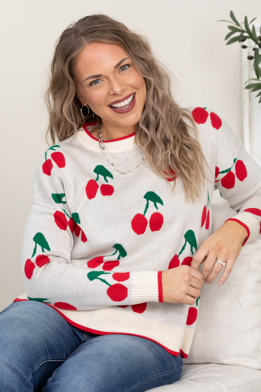 Beige Cherry Pattern Sweater