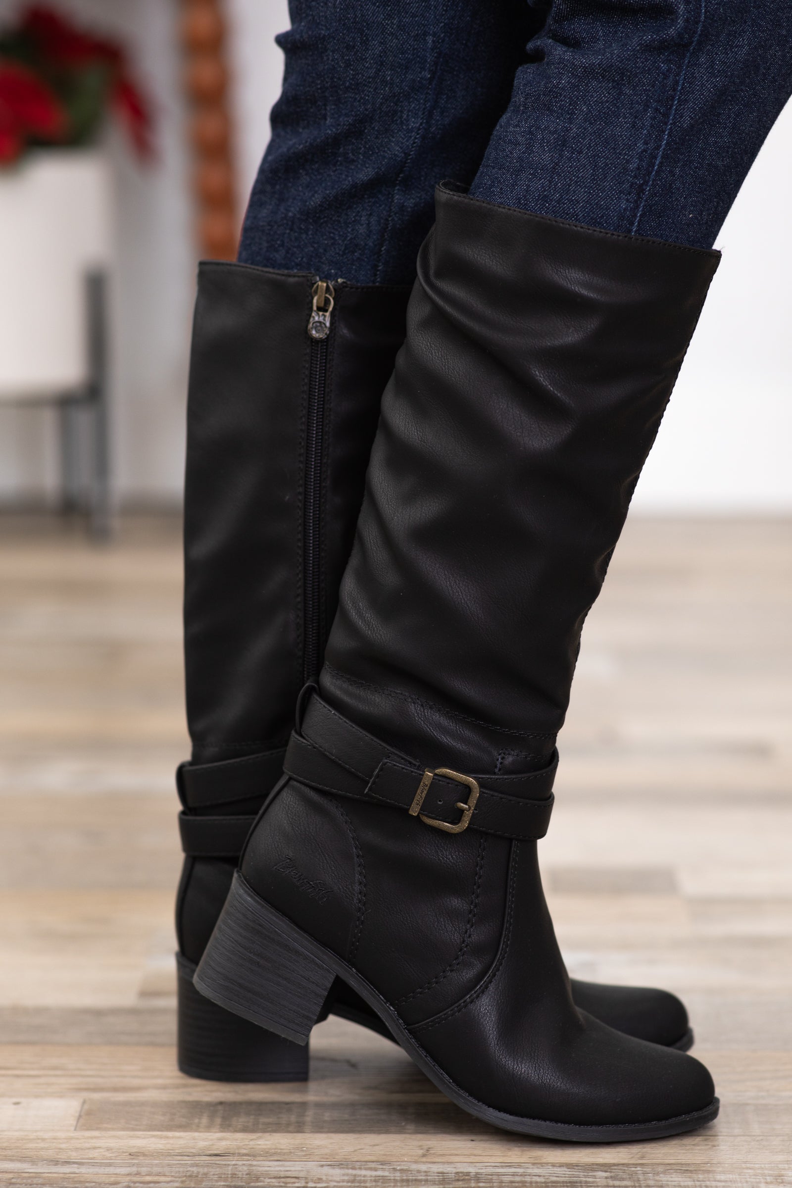 Black Vegan Leather Block Heel Tall Boots