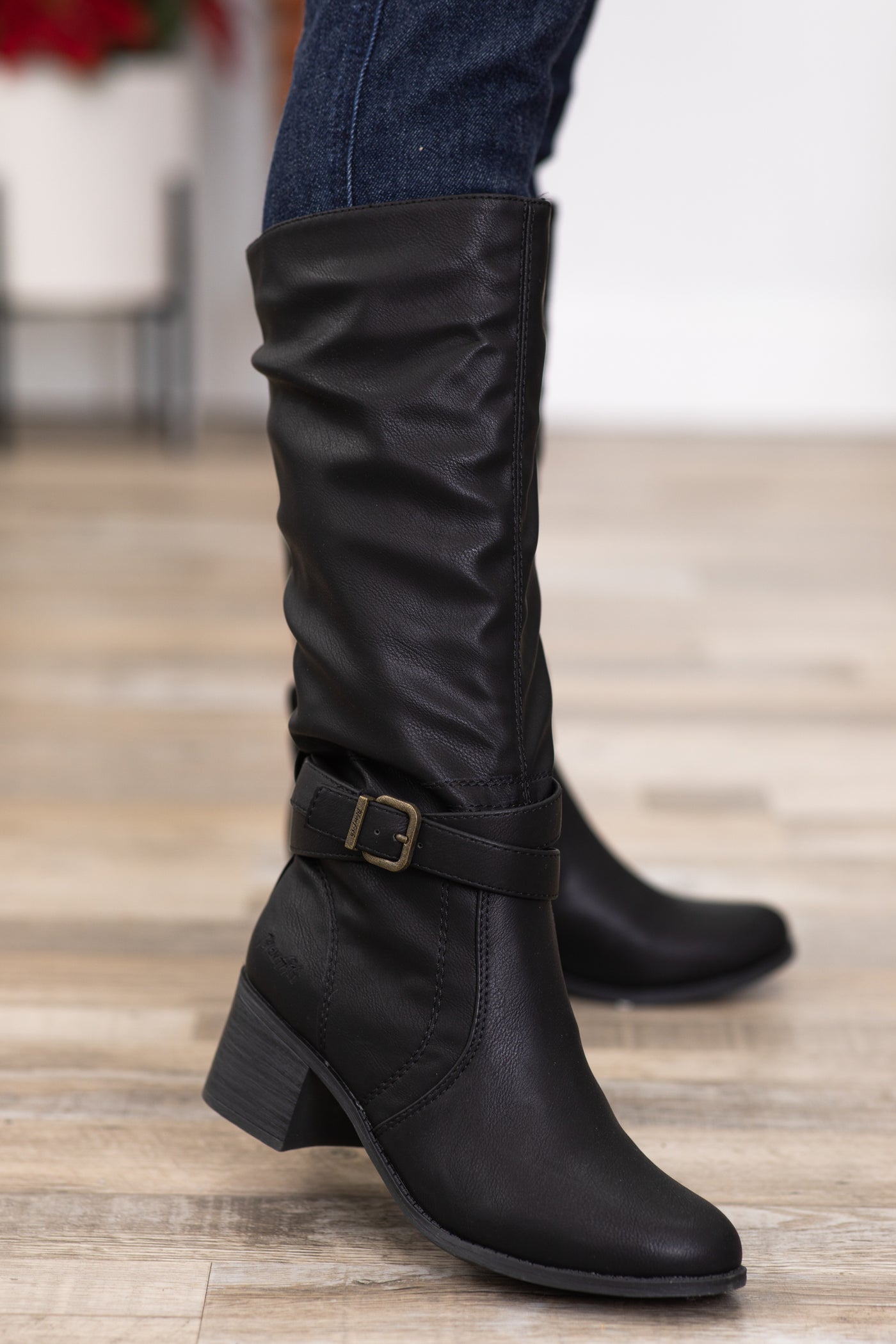 Black Vegan Leather Block Heel Tall Boots