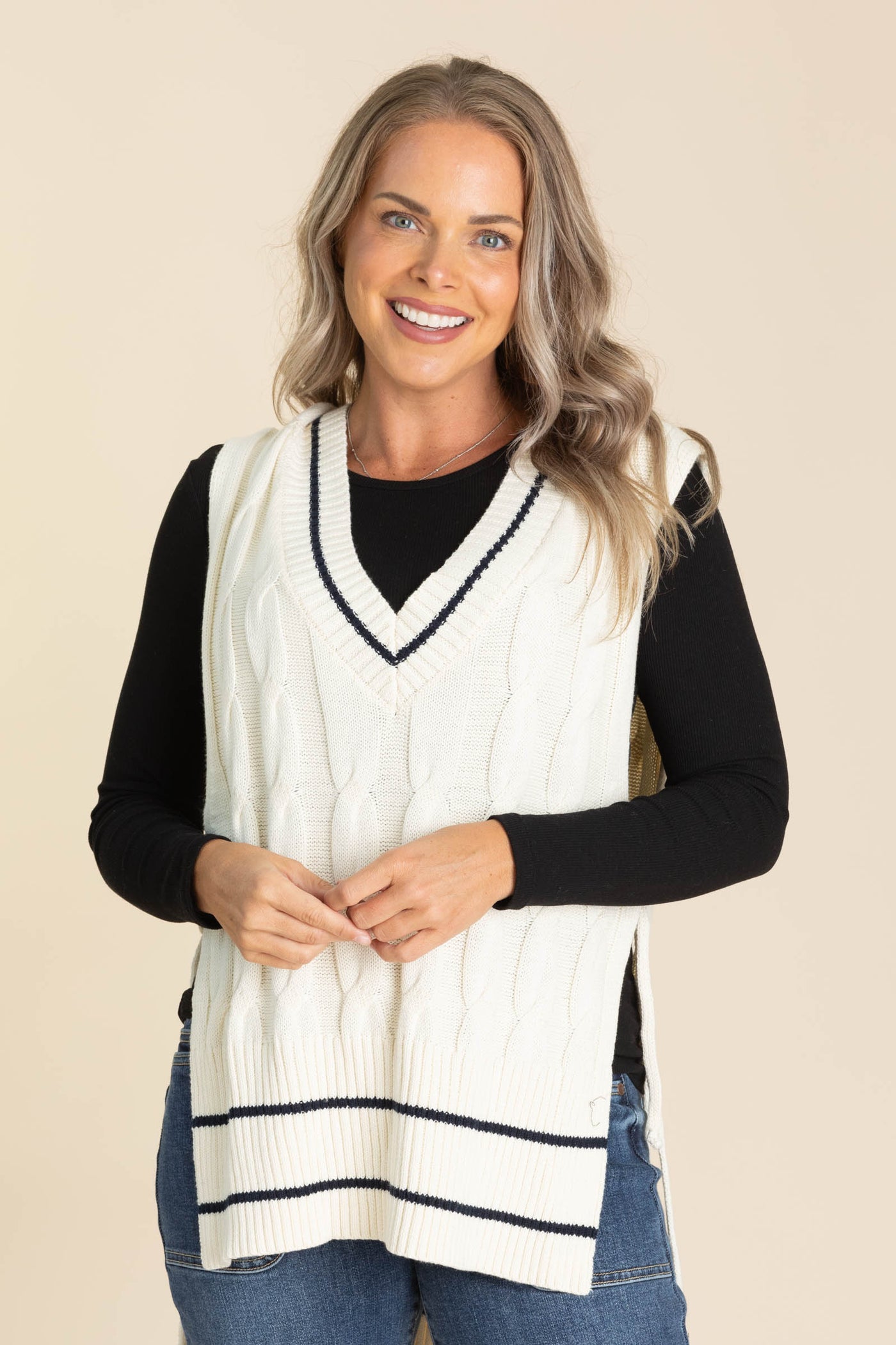 Oversized Cream Cable Knit Sweater Vest