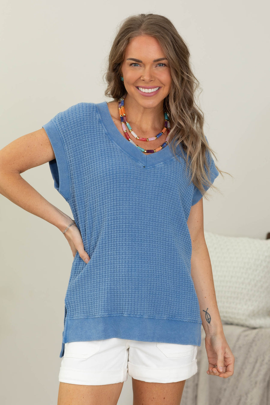 V-Neck Chunky Waffle Mineral Wash Tee