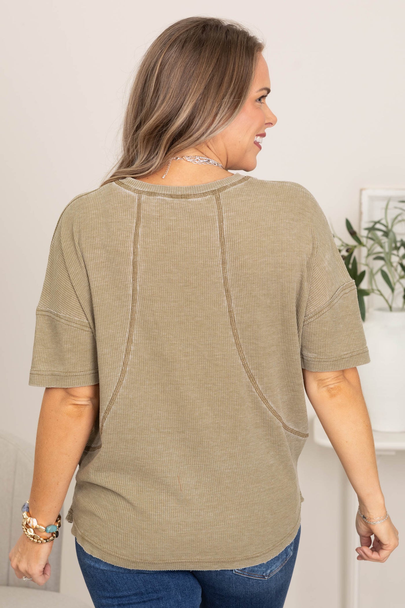 Waffle Knit Tops With Seam Detail