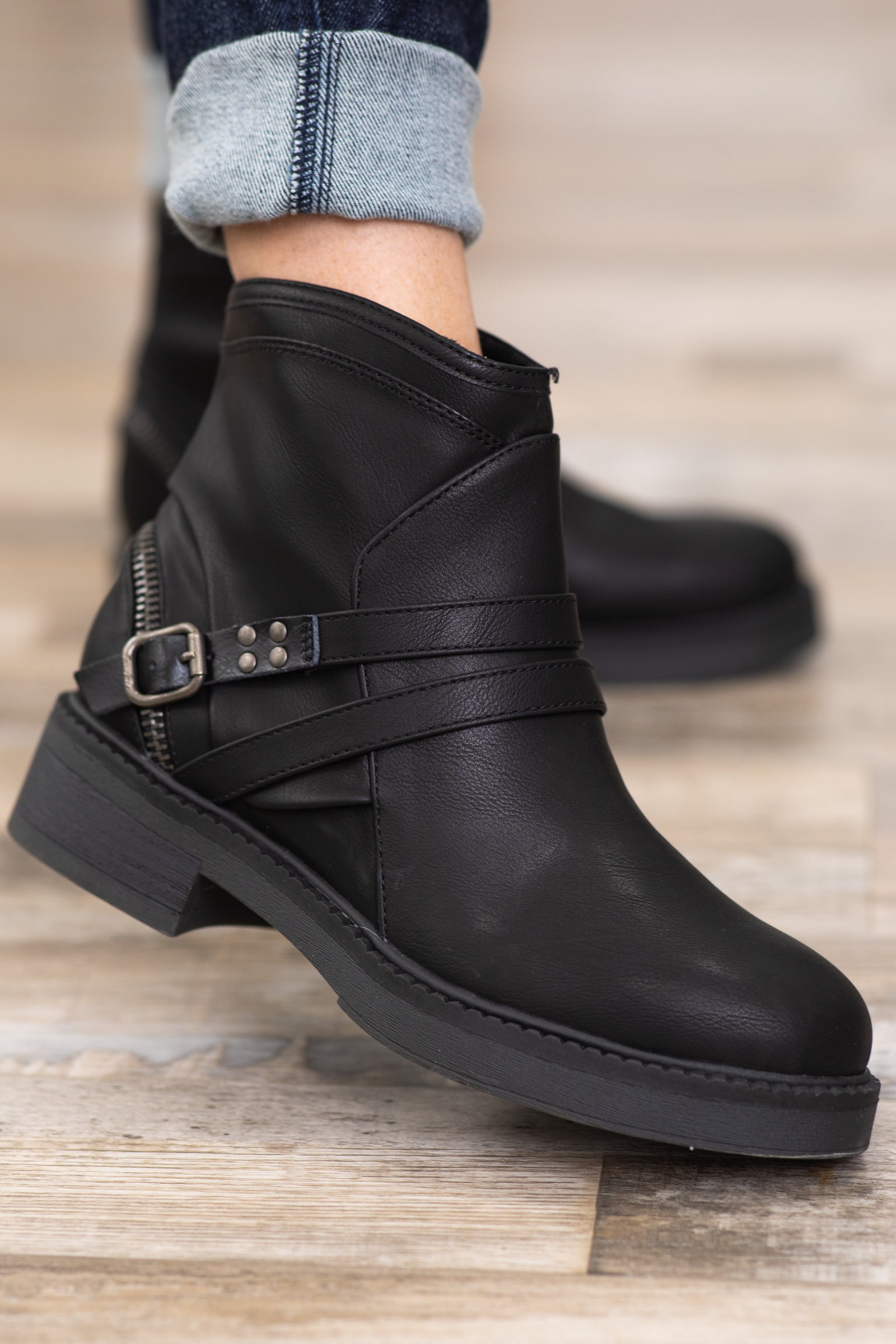 Black Vegan Leather Booties With Buckle Detail
