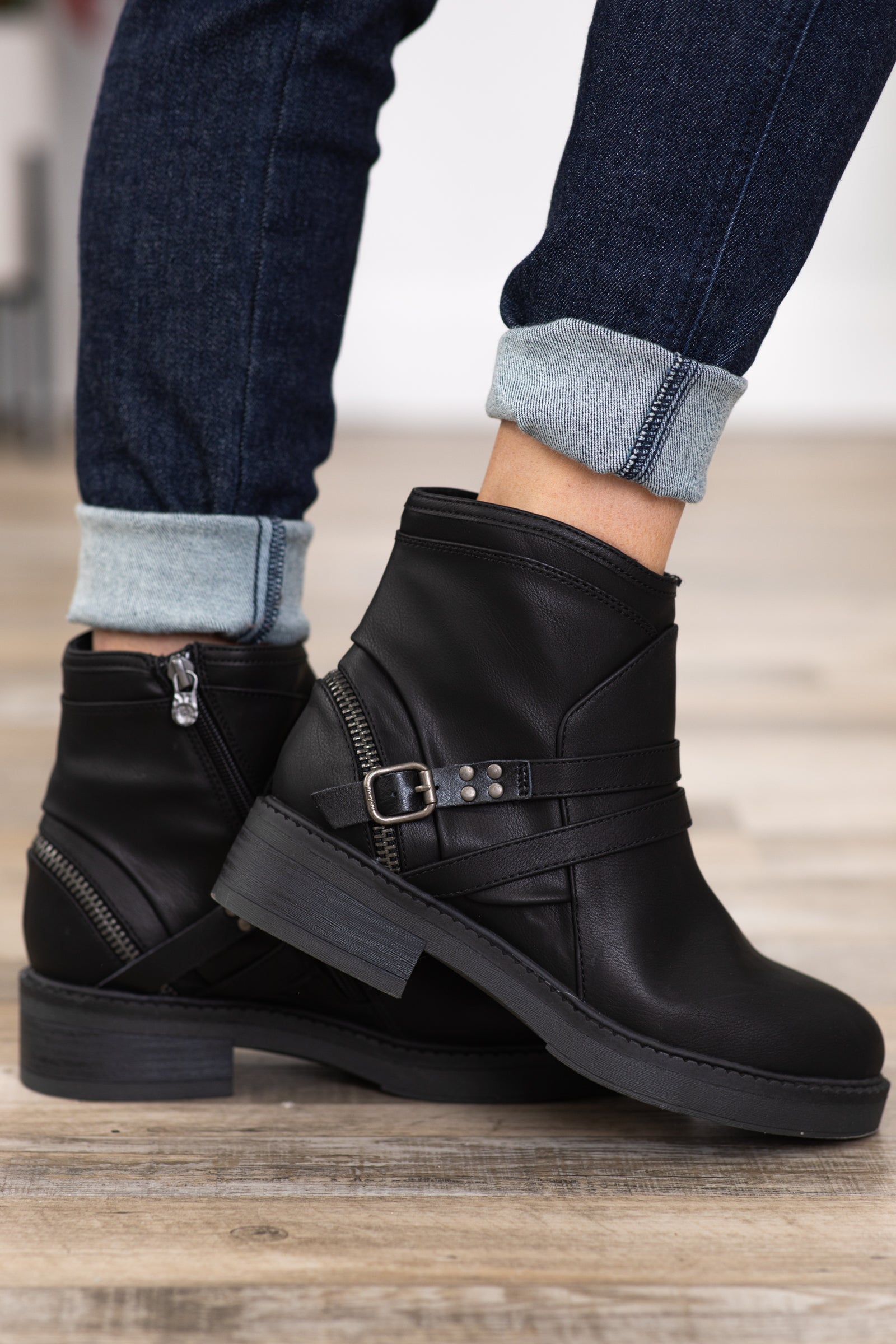 Black Vegan Leather Booties With Buckle Detail