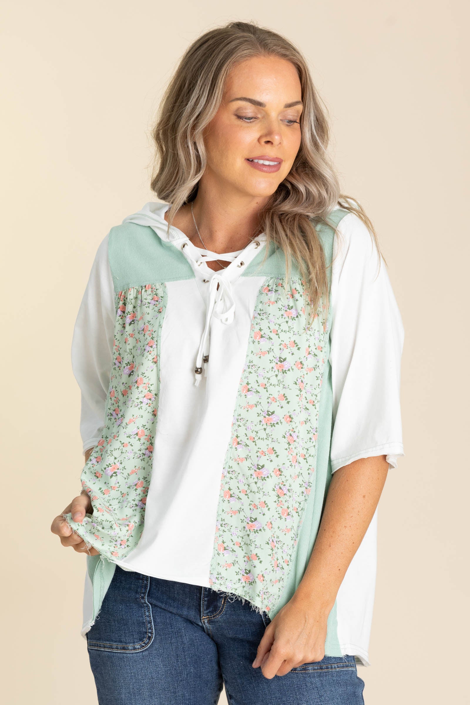 Lace Up V-Neck Knit Floral Hoodie Tops · Filly Flair