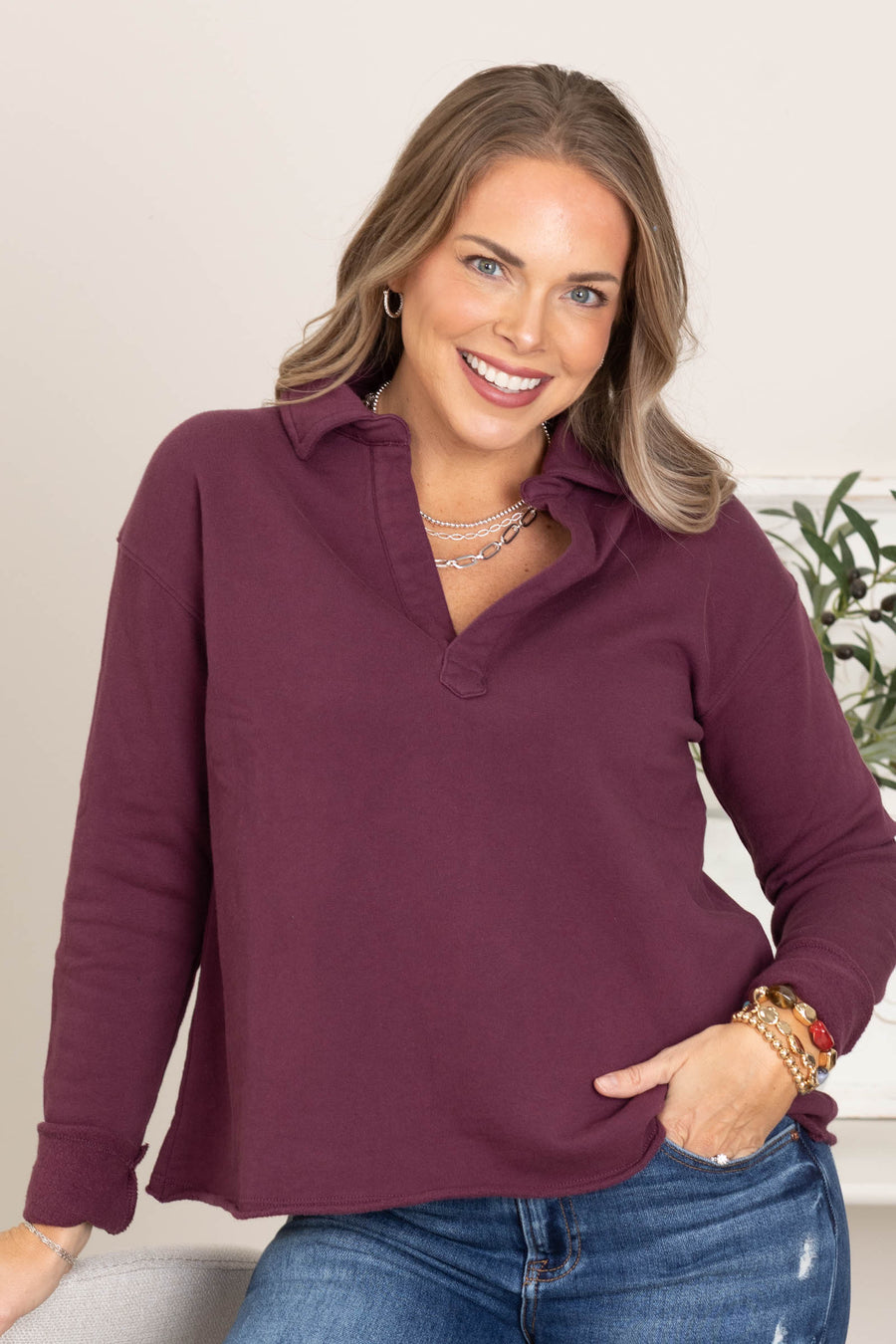 French Terry Raw Edge V-Neck Top