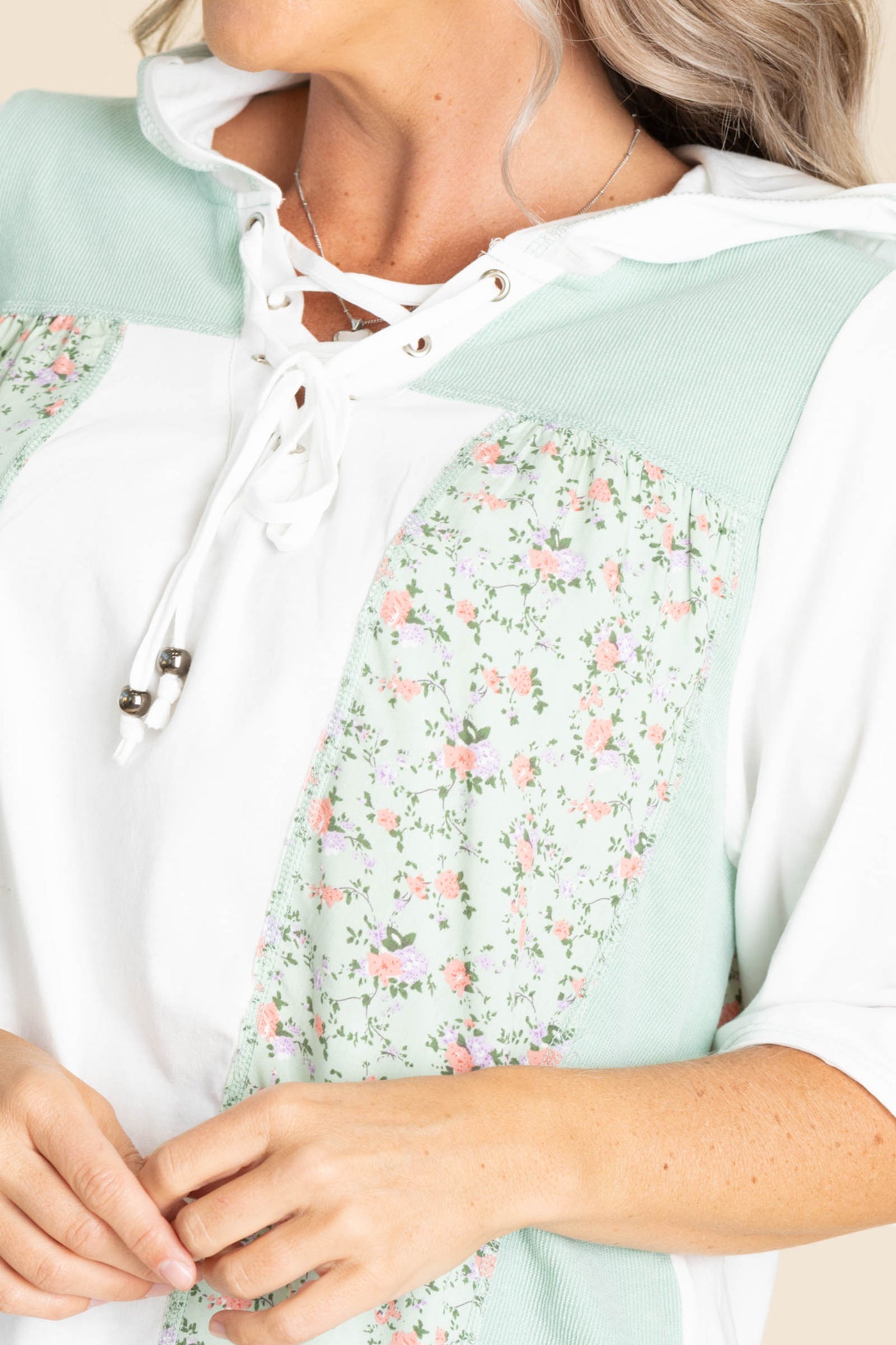 Lace Up V-Neck Knit Floral Hoodie Tops