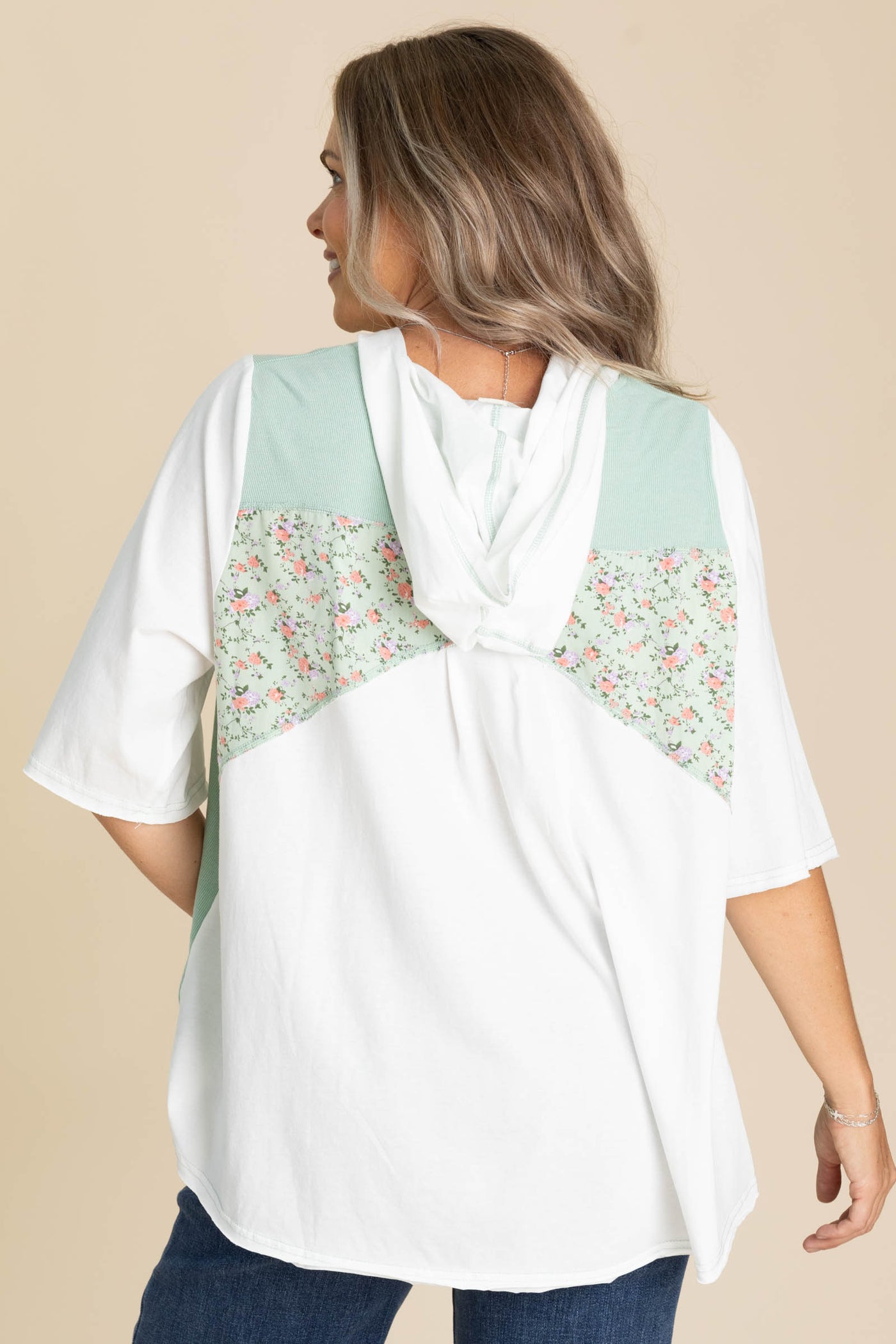 Lace Up V-Neck Knit Floral Hoodie Tops