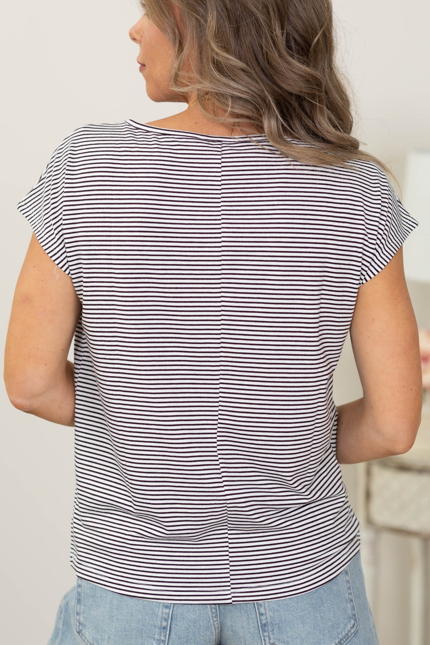 White And Brown Stripe Short Sleeve Knit Top