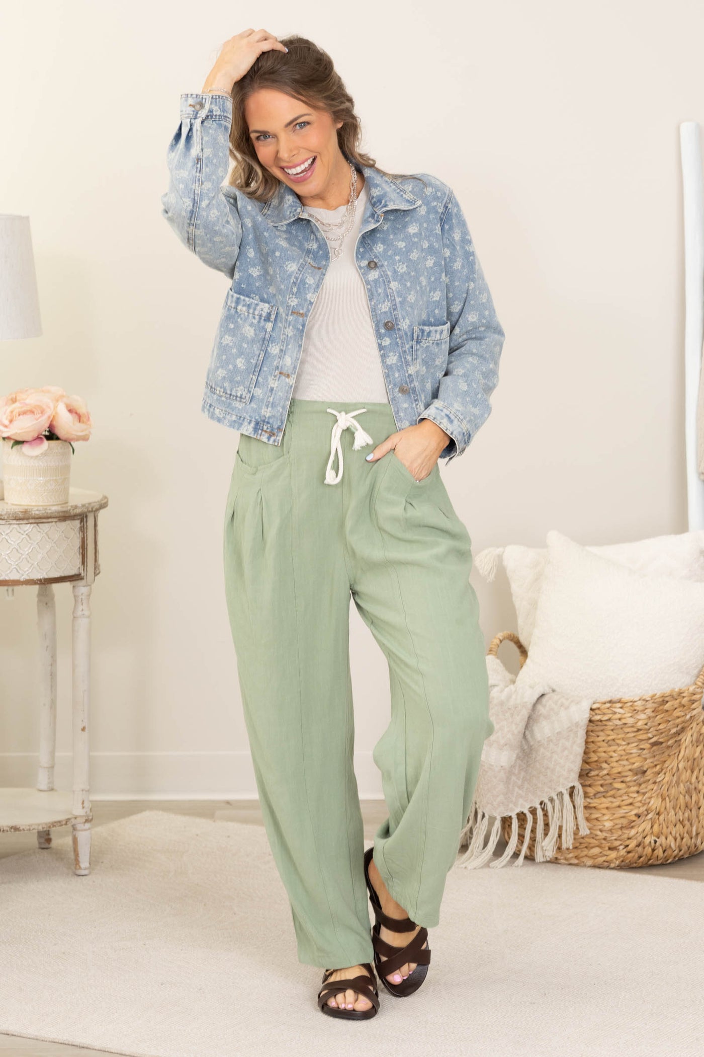 Denim Floral Washed Button Down Jacket