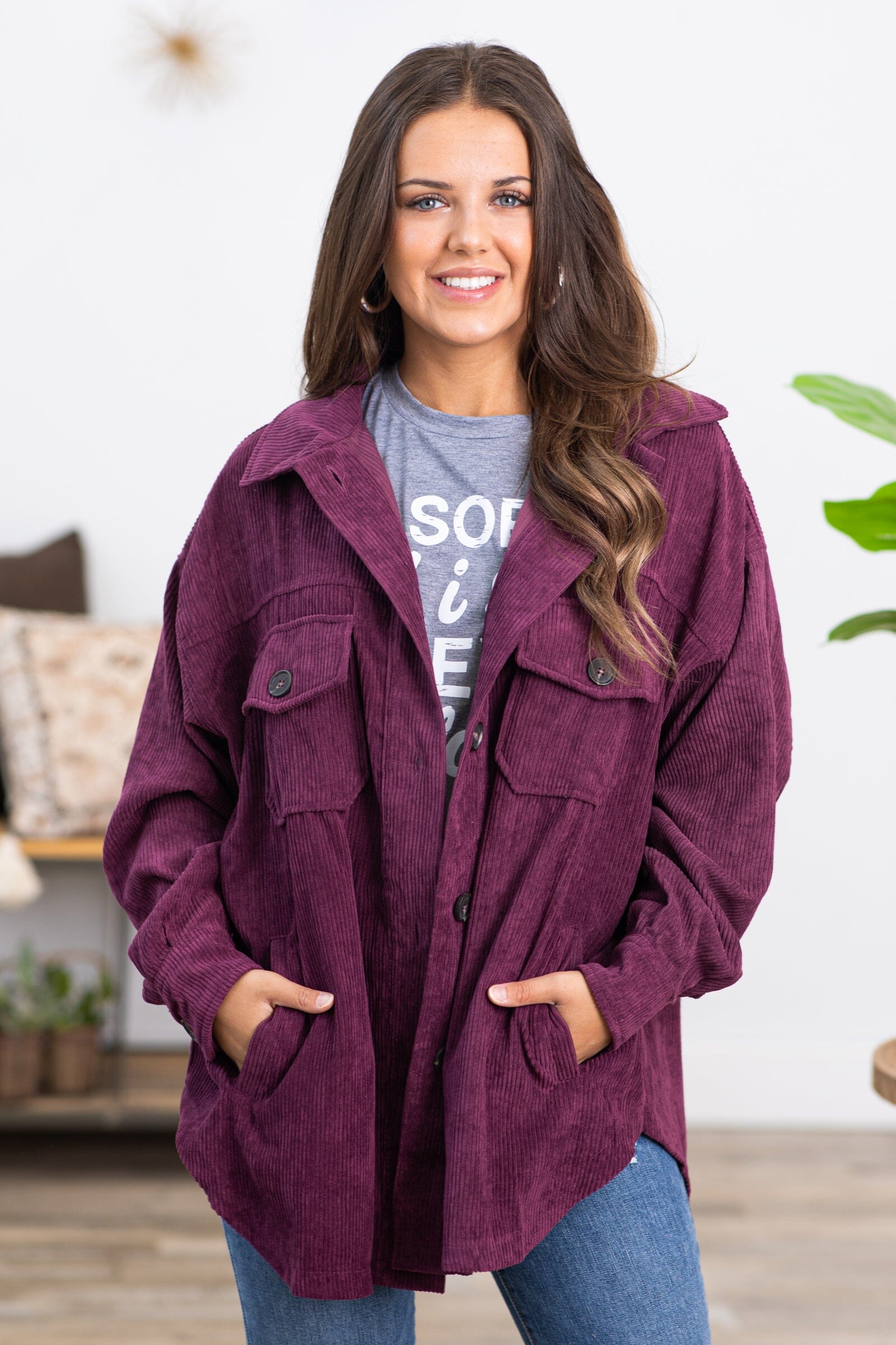 Berry Corduroy Boyfriend Fit Shacket - Filly Flair