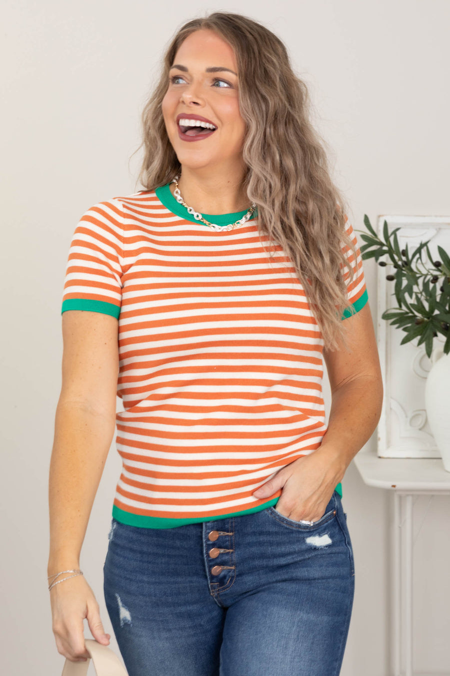 Orange Short Sleeve Striped Knit Sweater Top