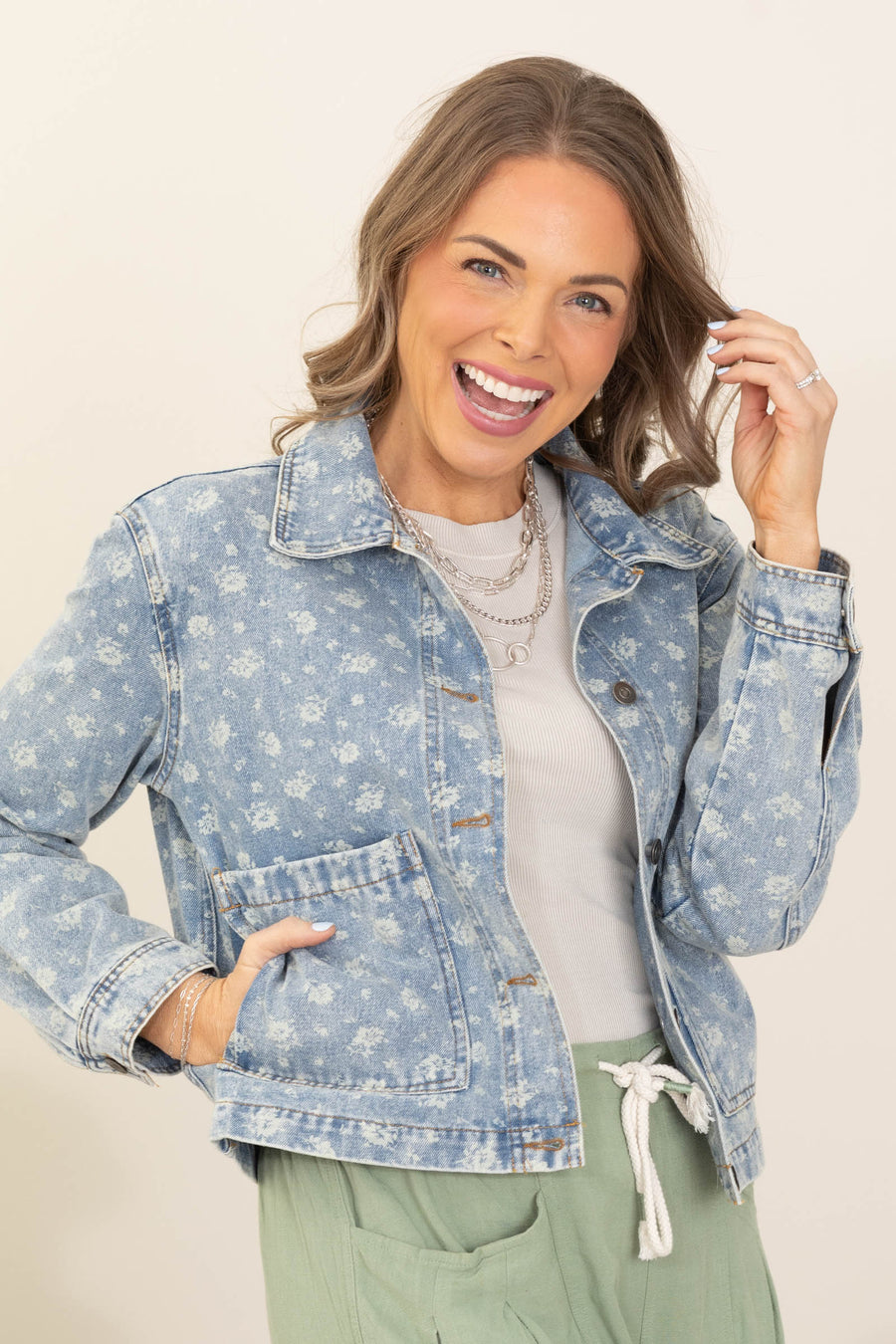 Denim Floral Washed Button Down Jacket