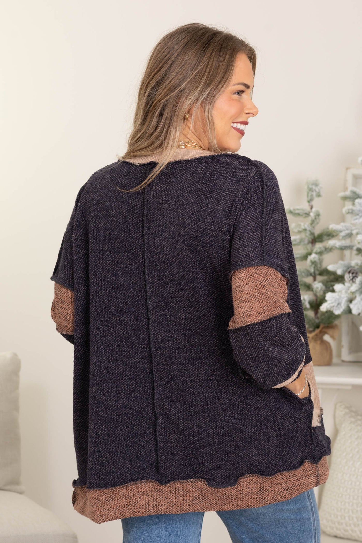 Navy And Brown Colorblock Long Cardigan