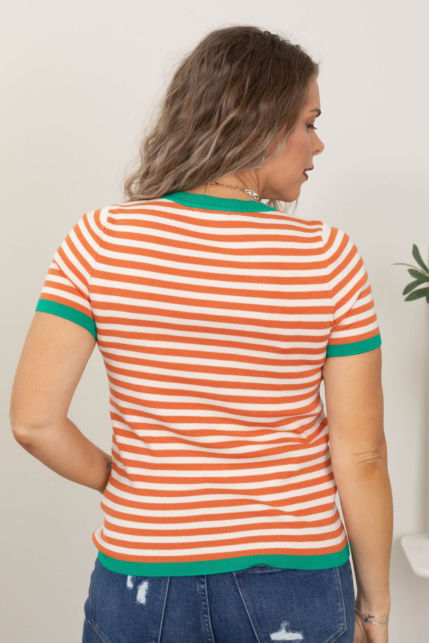 Orange Short Sleeve Striped Knit Sweater Top