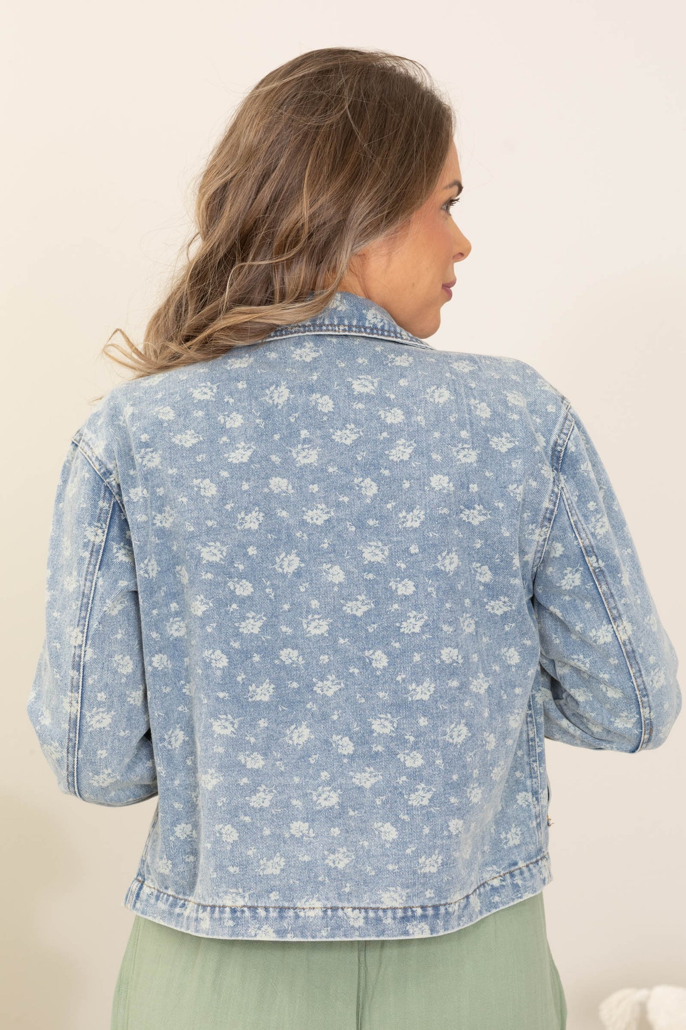 Denim Floral Washed Button Down Jacket