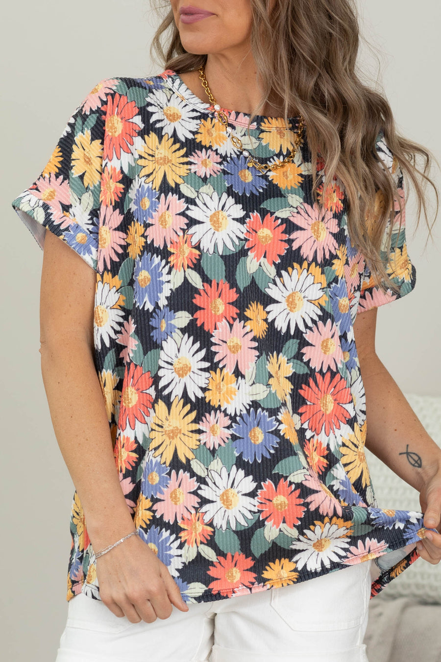 Black Floral Crinkle Textured Knit Top