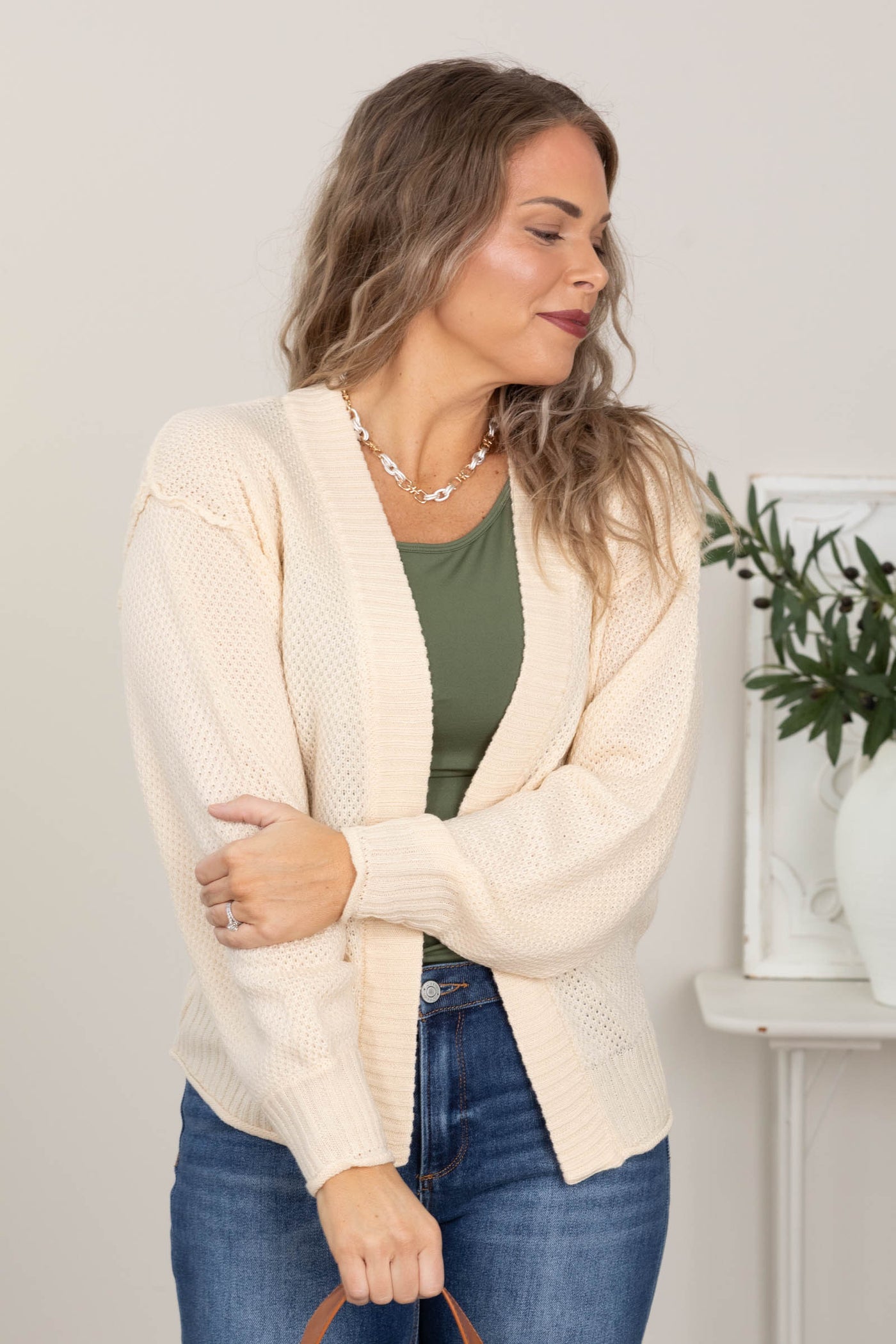 Cream Waffle Textured Sweater Cardigan