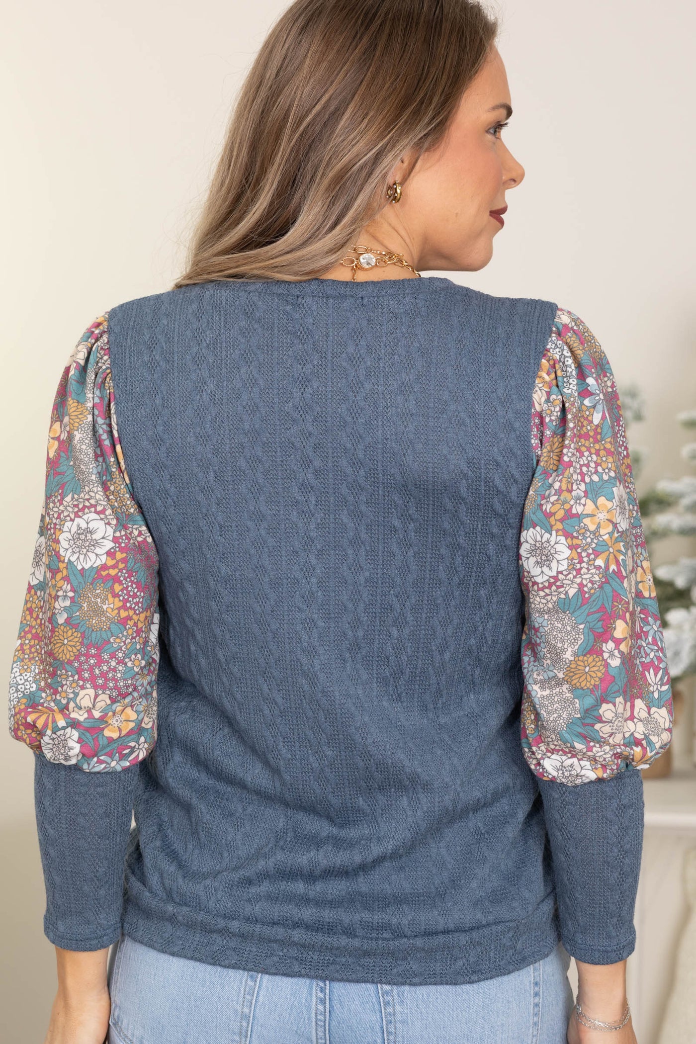 Textured Knit Tops With Floral Contrast Sleeves